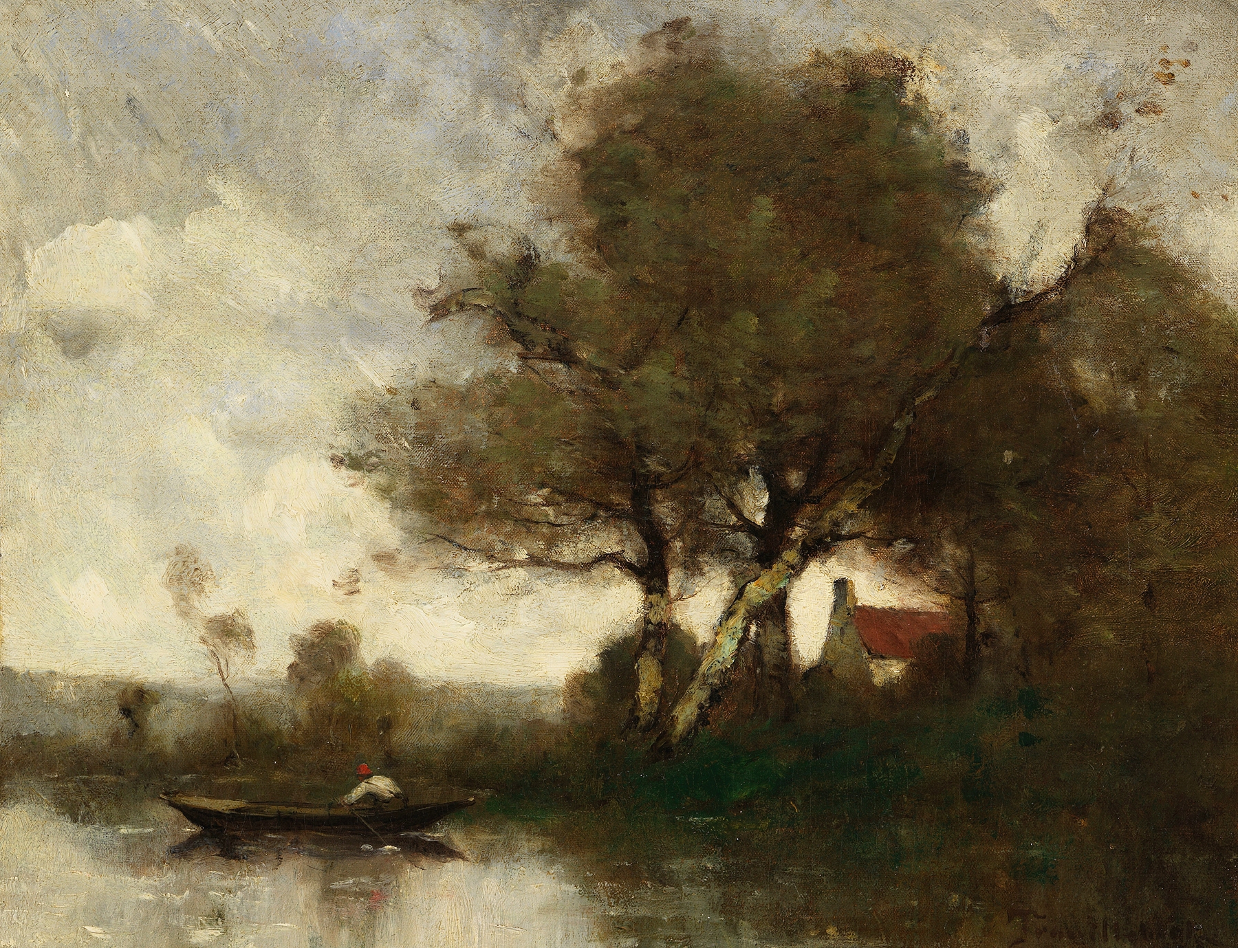 River landscape with a house and man in a boat, oil painting by Paul Désiré Trouillebert
