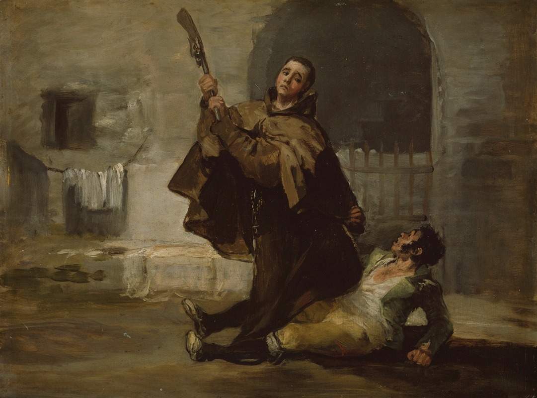 Friar Pedro Clubs El Maragato with the Butt of the Gun, oil on panel by Francisco de Goya