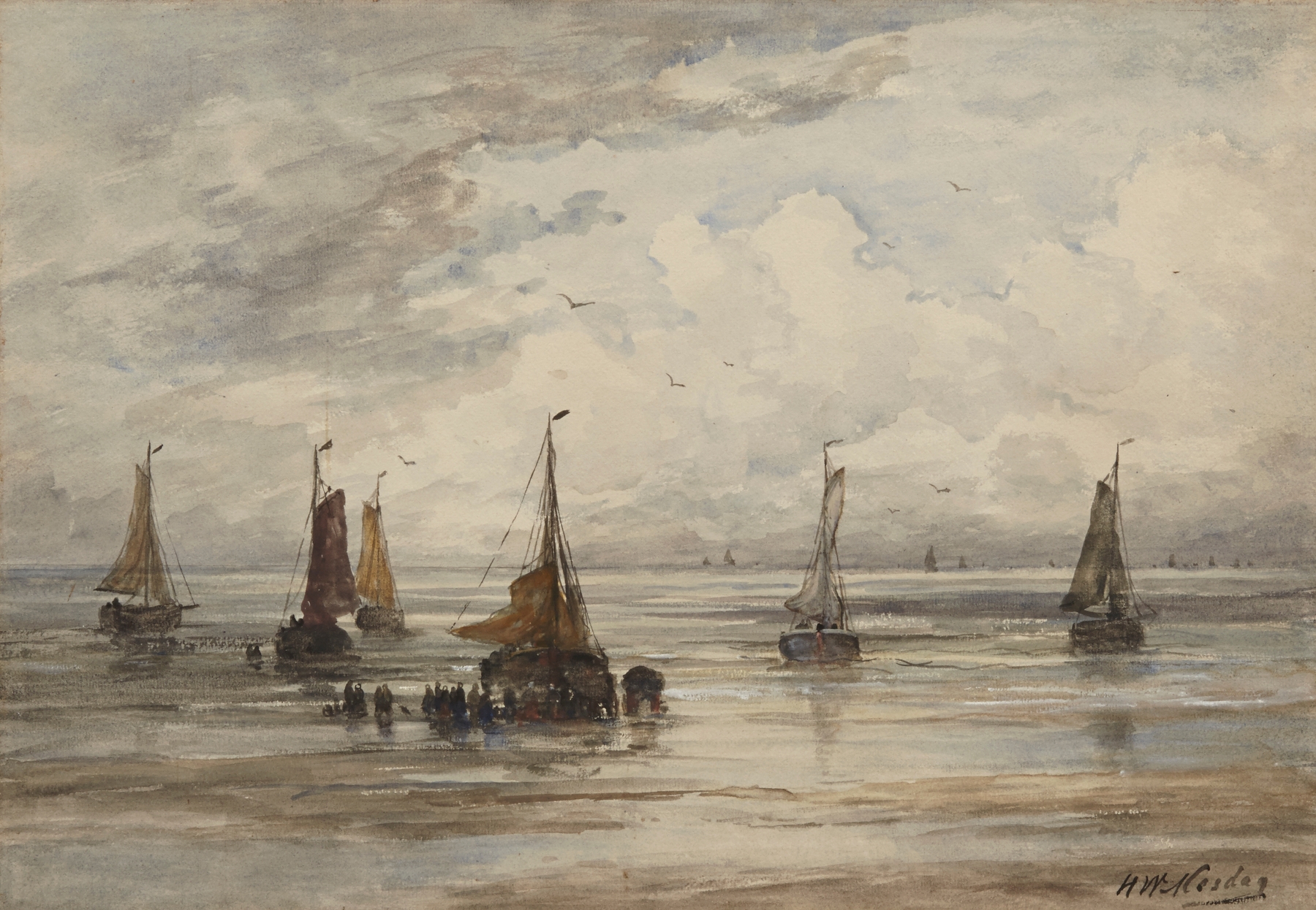Fishing vessels at the shore, by Hendrik Willem Mesdag, public domain