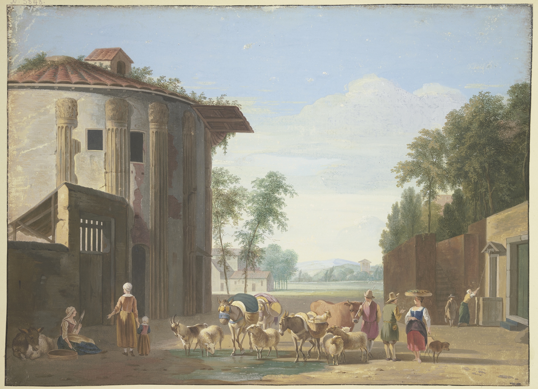 Minervatempel in a landscape with a herd and shepherds, oil on canvas by Job Adriaensz Berckheyde