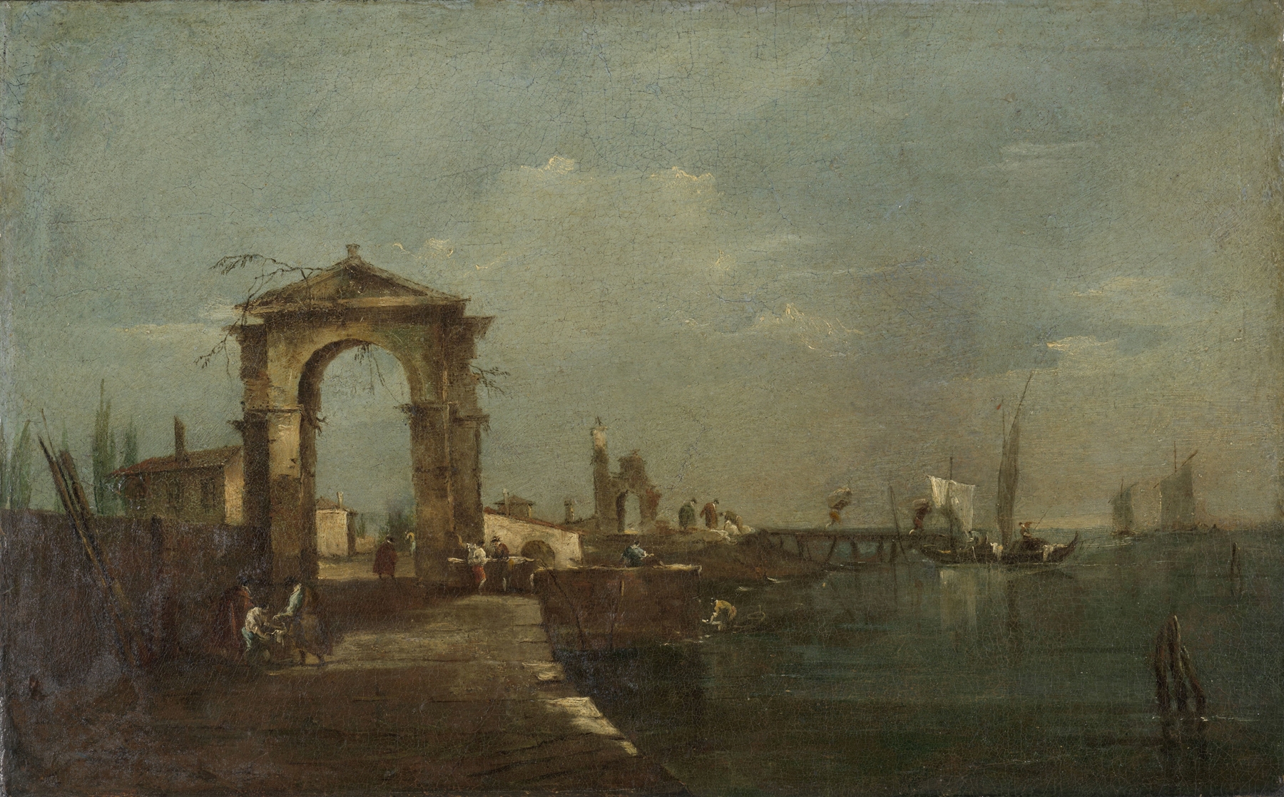 Landscape with a Quay and Ships on a Lake by Francesco Guardi, oil painting depicting boats on a calm lake