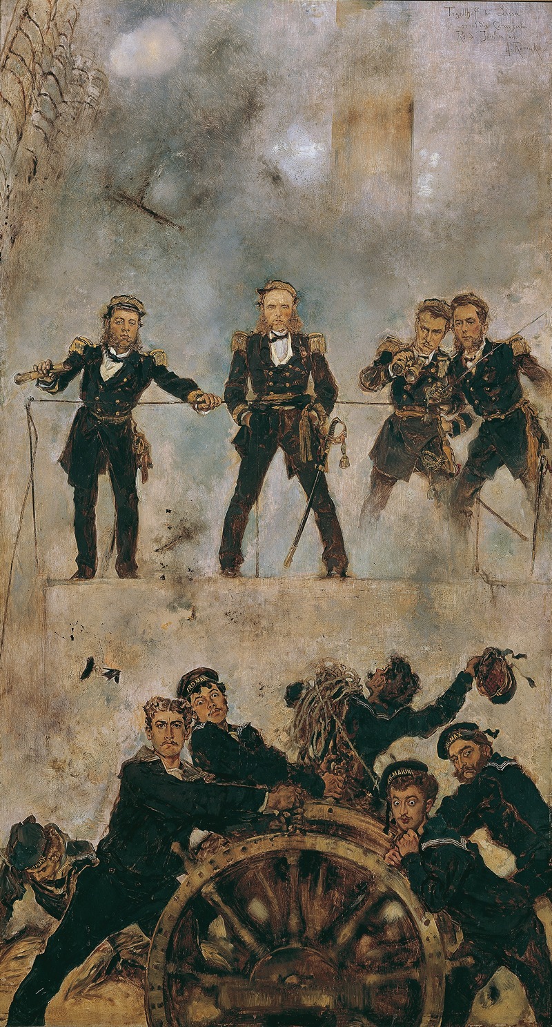 This painting depicts a naval battle scene with dramatic colors and dynamic figures.