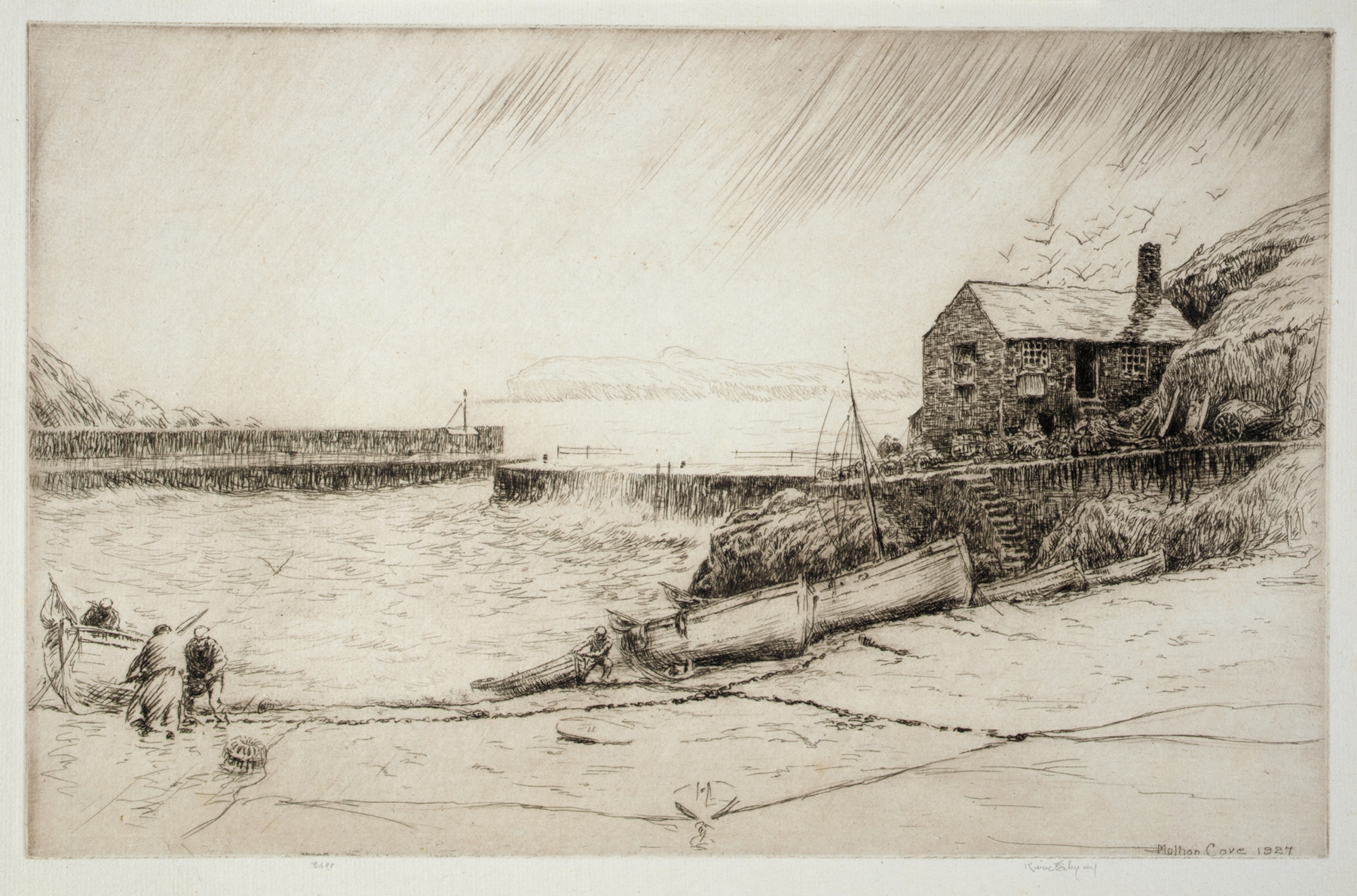 Marine scene of Mullion Cove by Kerr Eby, 1928, depicting sea and cliffs in rich tones.