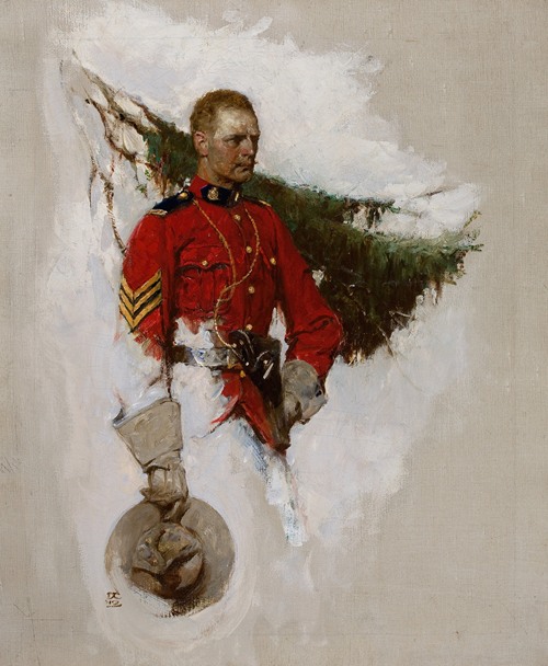 A Canadian Mountie stands proudly in his uniform against a natural backdrop.
