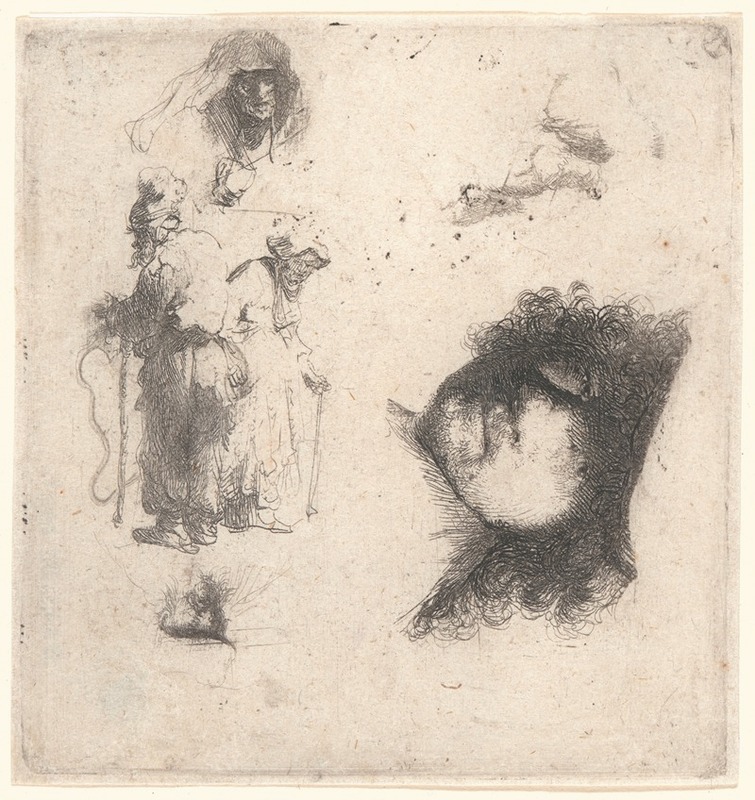 This drawing features studies of various heads, including the artist's own.