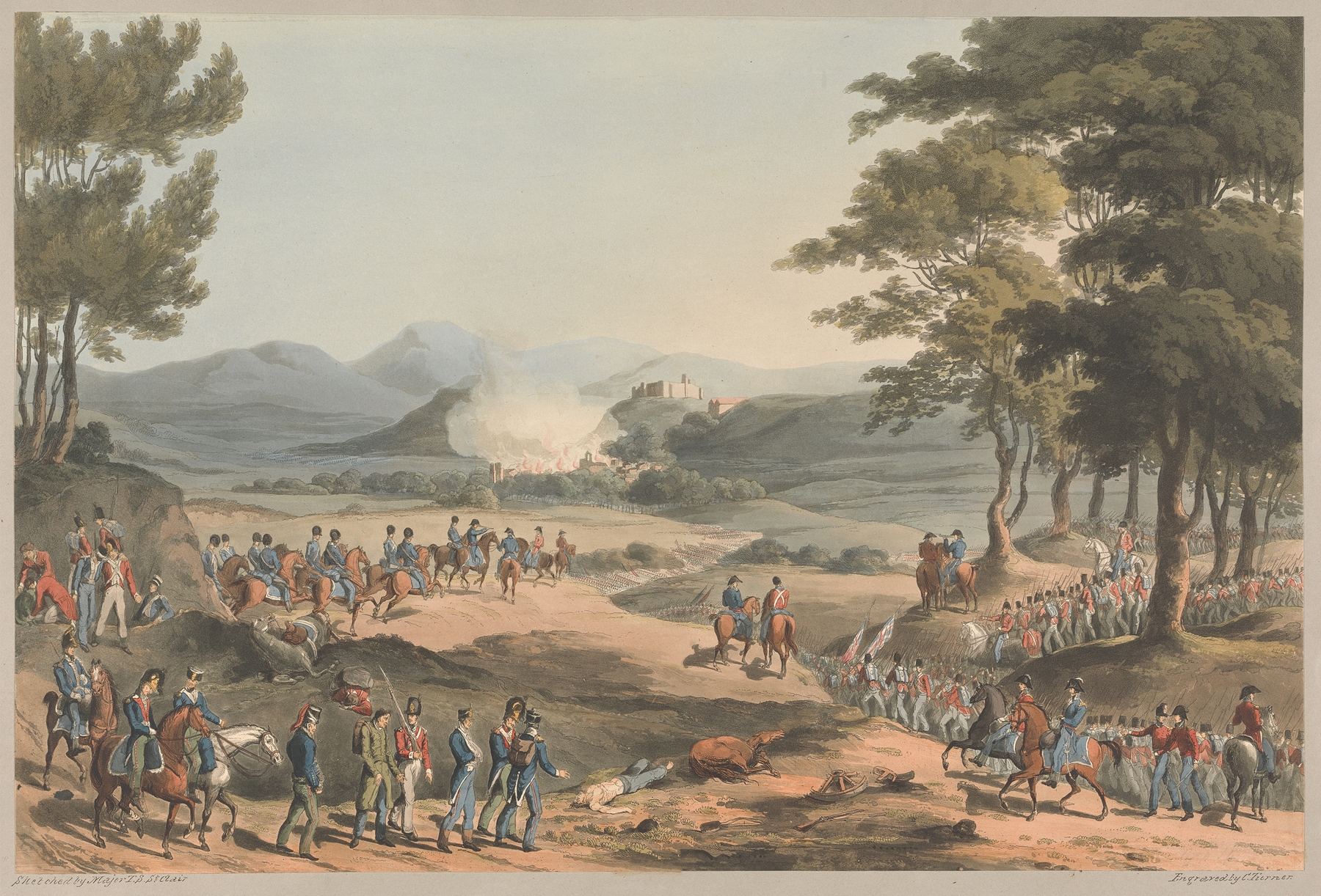 Engraving by Charles Turner depicting the evacuated town of Poinbal in 1811