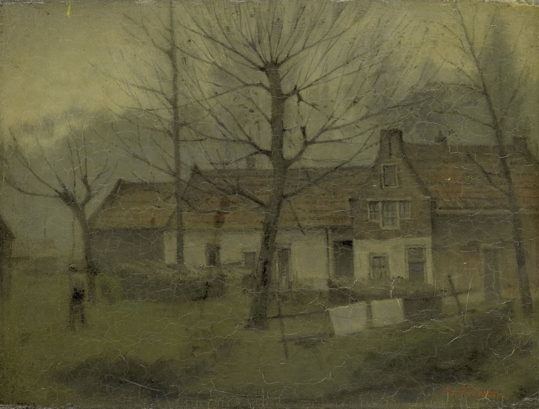 Houses in a Village by Eduard Karsen, oil on canvas showing a tranquil rural landscape.