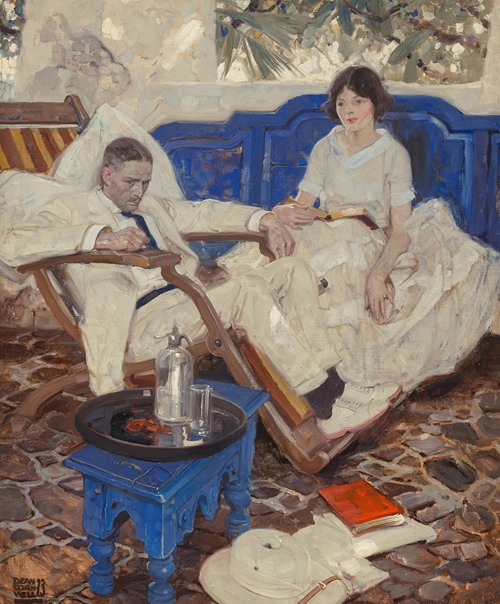 A historical scene depicting a conversation between two figures.