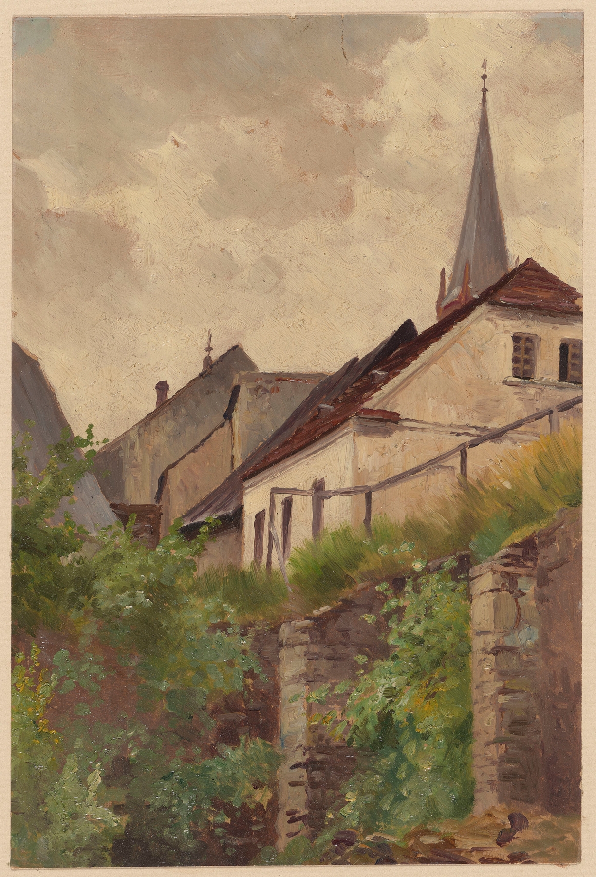 Landscape featuring houses on a hill and a church tower fragment, by Theodor Blache, oil painting