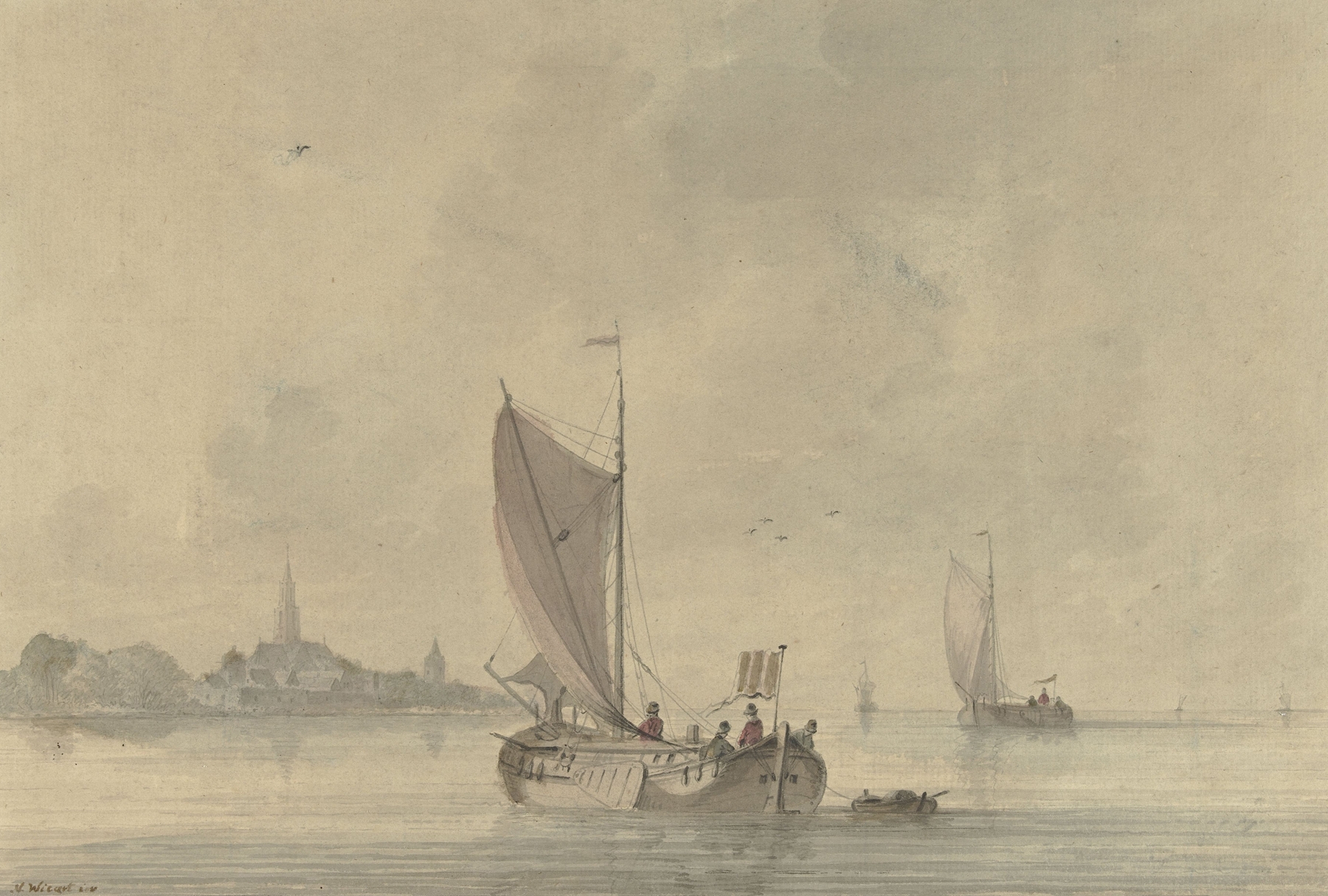 Marine scene with boats on water by Nicolaas Wicart, oil painting