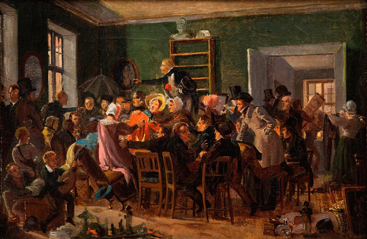 A depiction of an auction scene filled with lively characters.
