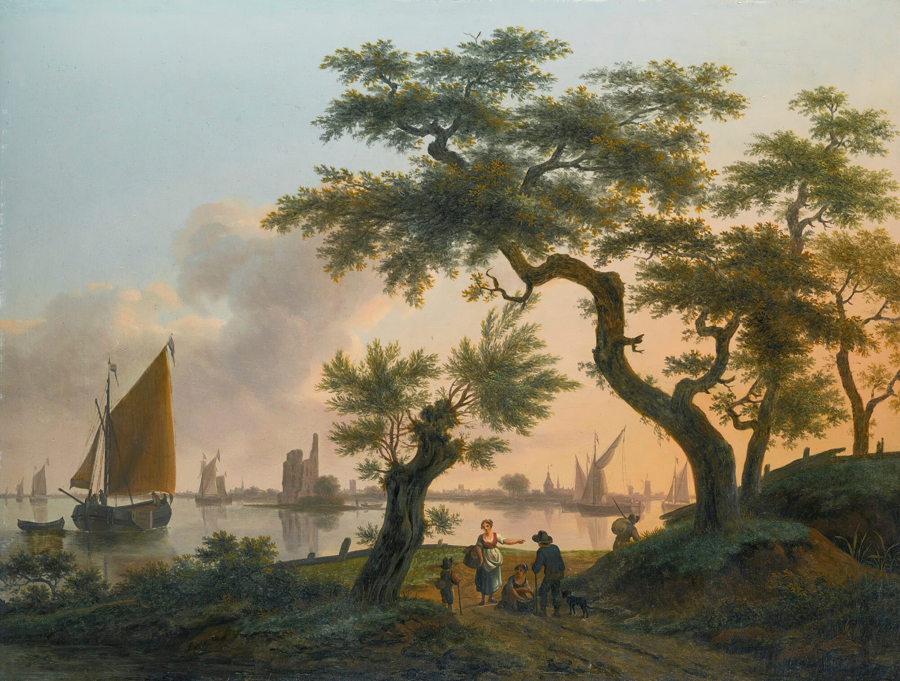Landscape with an estuary, shipping, and figures on the path, oil on canvas by Frans Swagers