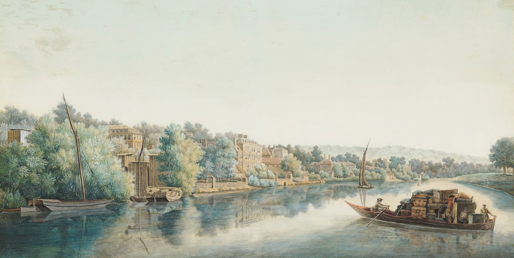 The Thames At Richmond by William Marlow, oil painting depicting a tranquil river scene with boats.