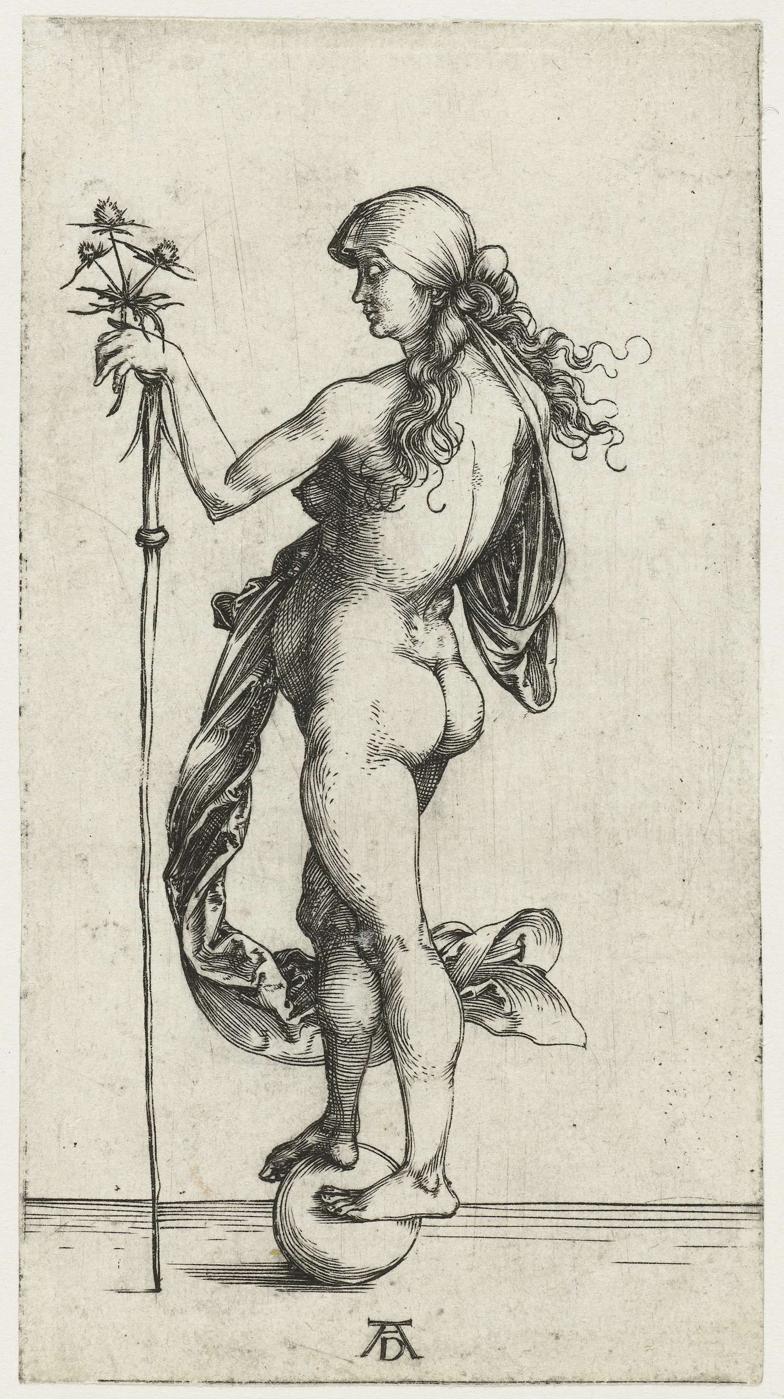 Engraving by Albrecht Dürer depicting Fortune balancing on a cloud