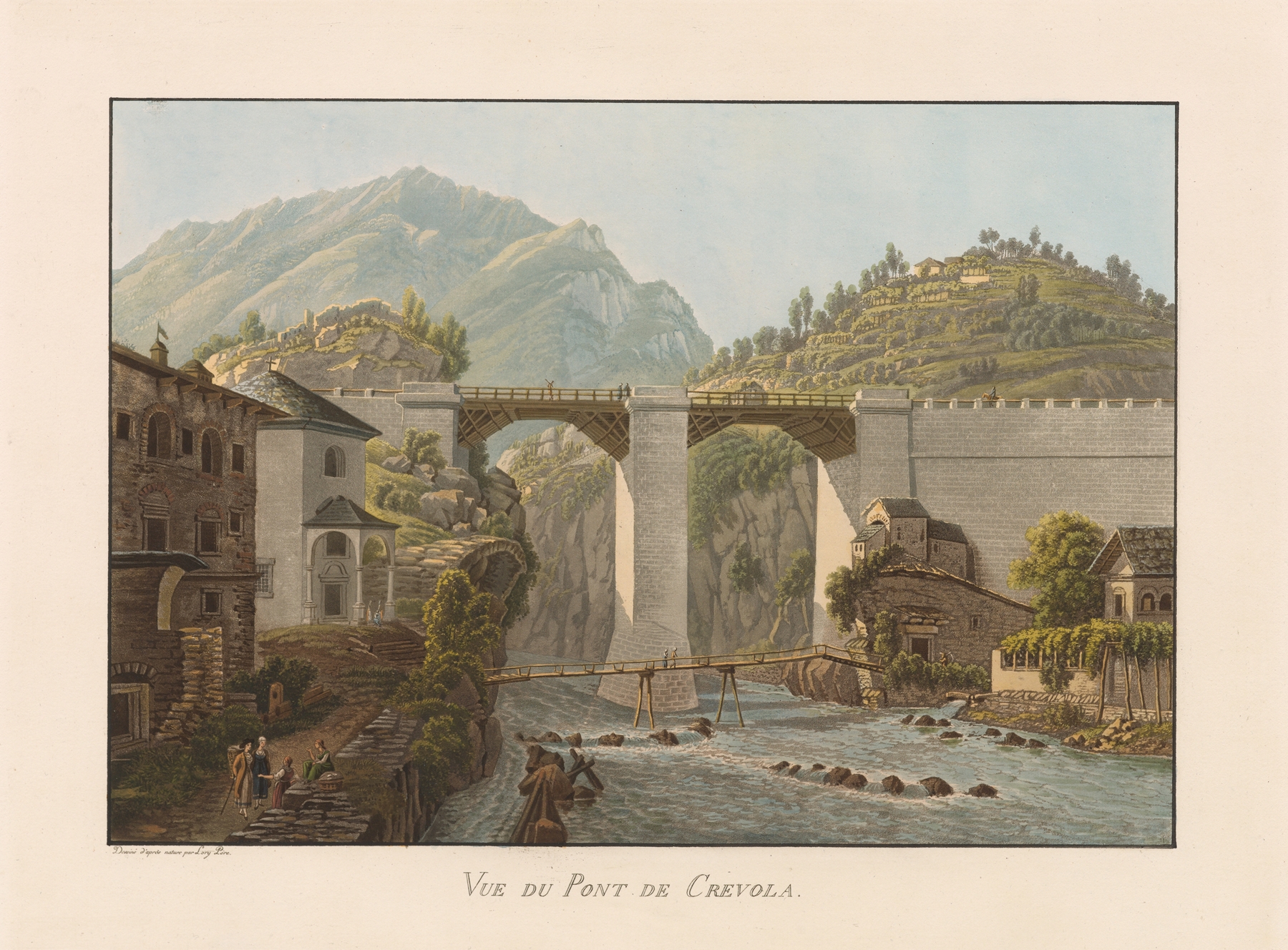 Vue du Pont de Crevola by Gabriel Lory the Younger, oil on canvas depicting a tranquil landscape with a bridge.