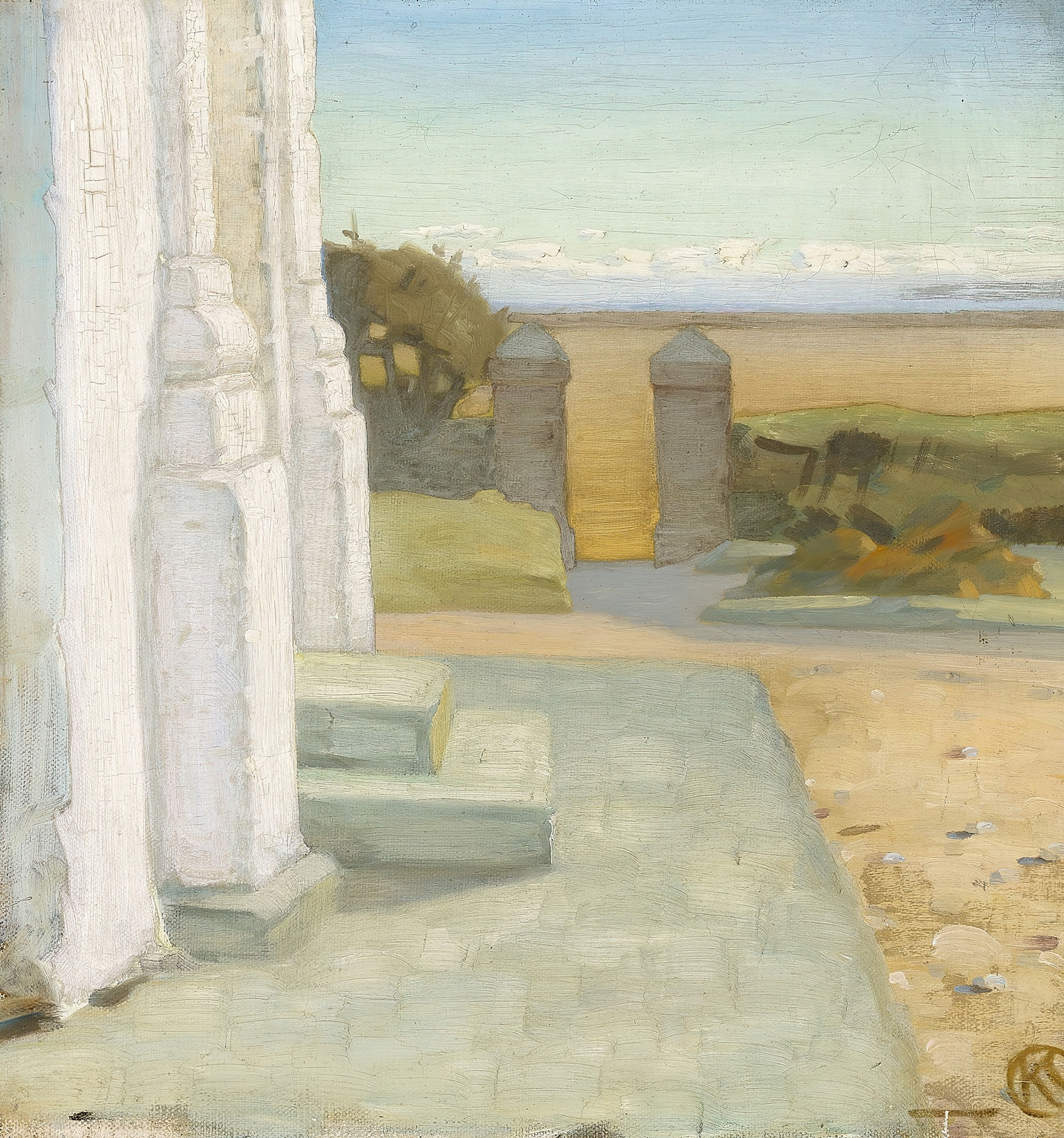 Oil painting by Knud Sinding depicting a figure in front of a church with light and shadow.
