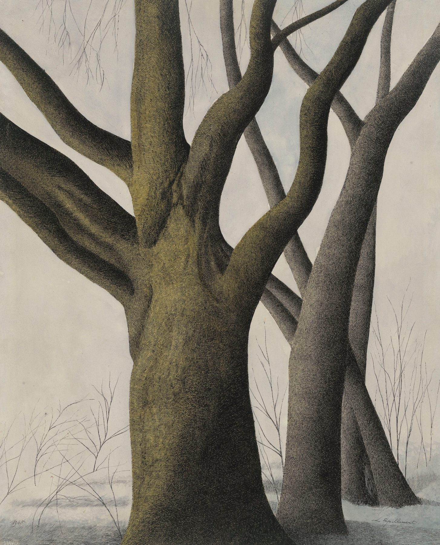Expressionist oil painting by Léon Spilliaert depicting a large tree in a turbulent landscape
