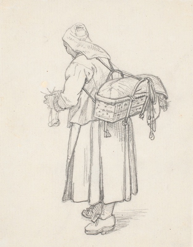 A Swedish woman knitting with a basket on her back, capturing rural life.