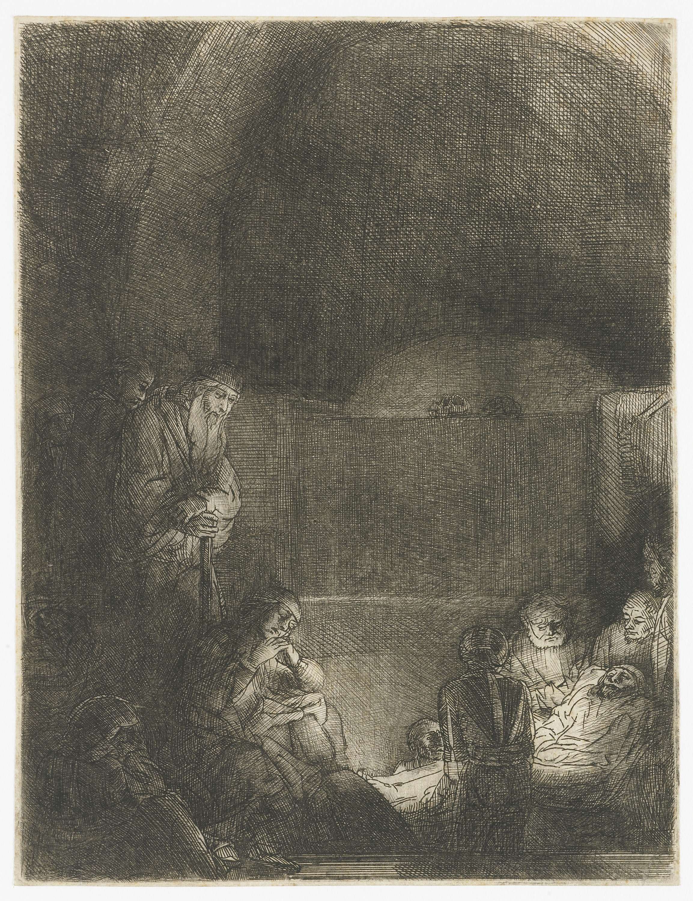 Etching by Rembrandt van Rijn depicting Christ's entombment surrounded by mourners