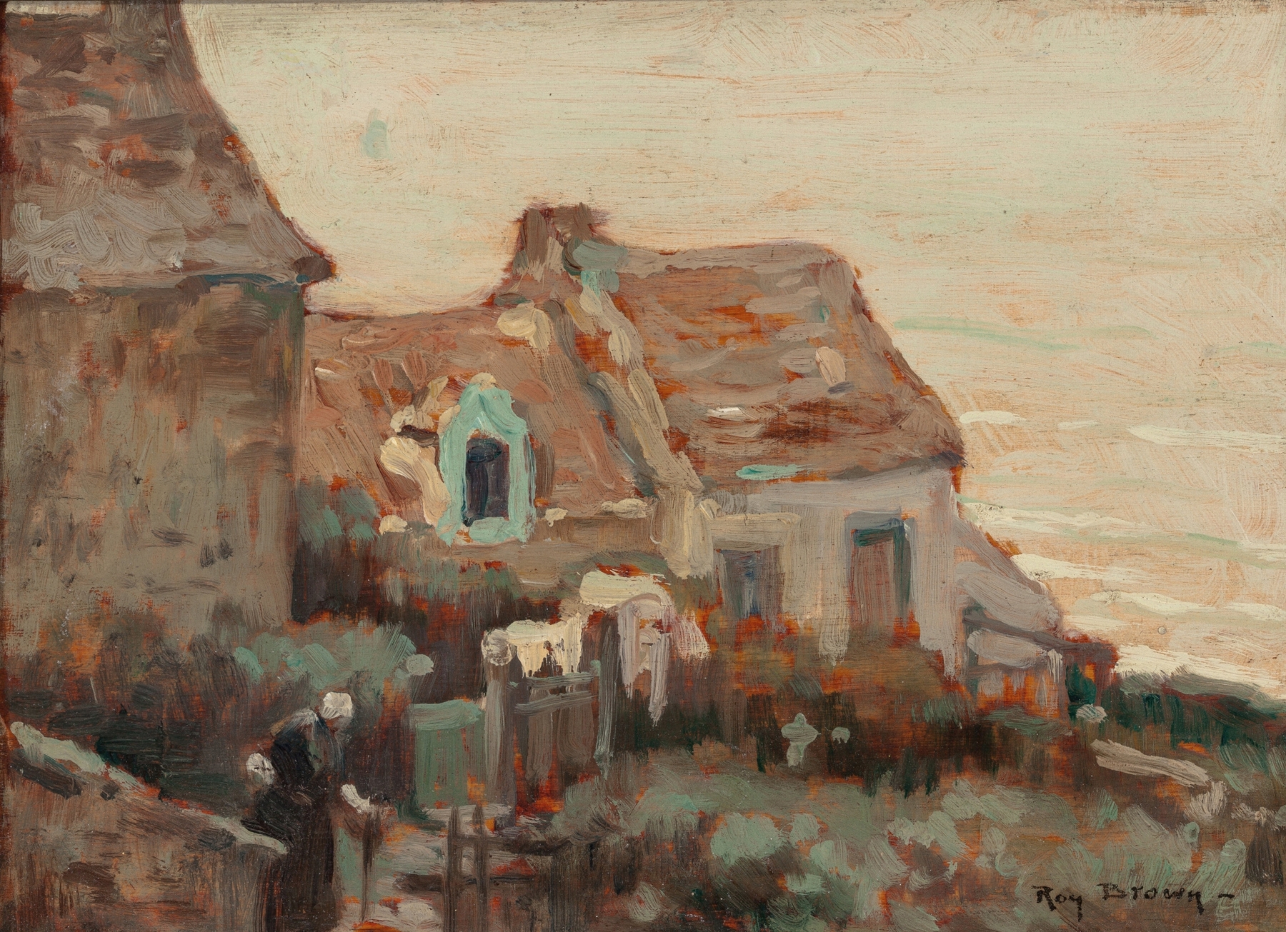 Brittany Village Scene by Roy H. Brown, oil on canvas depicting a colorful village with thatched roofs and winding paths.