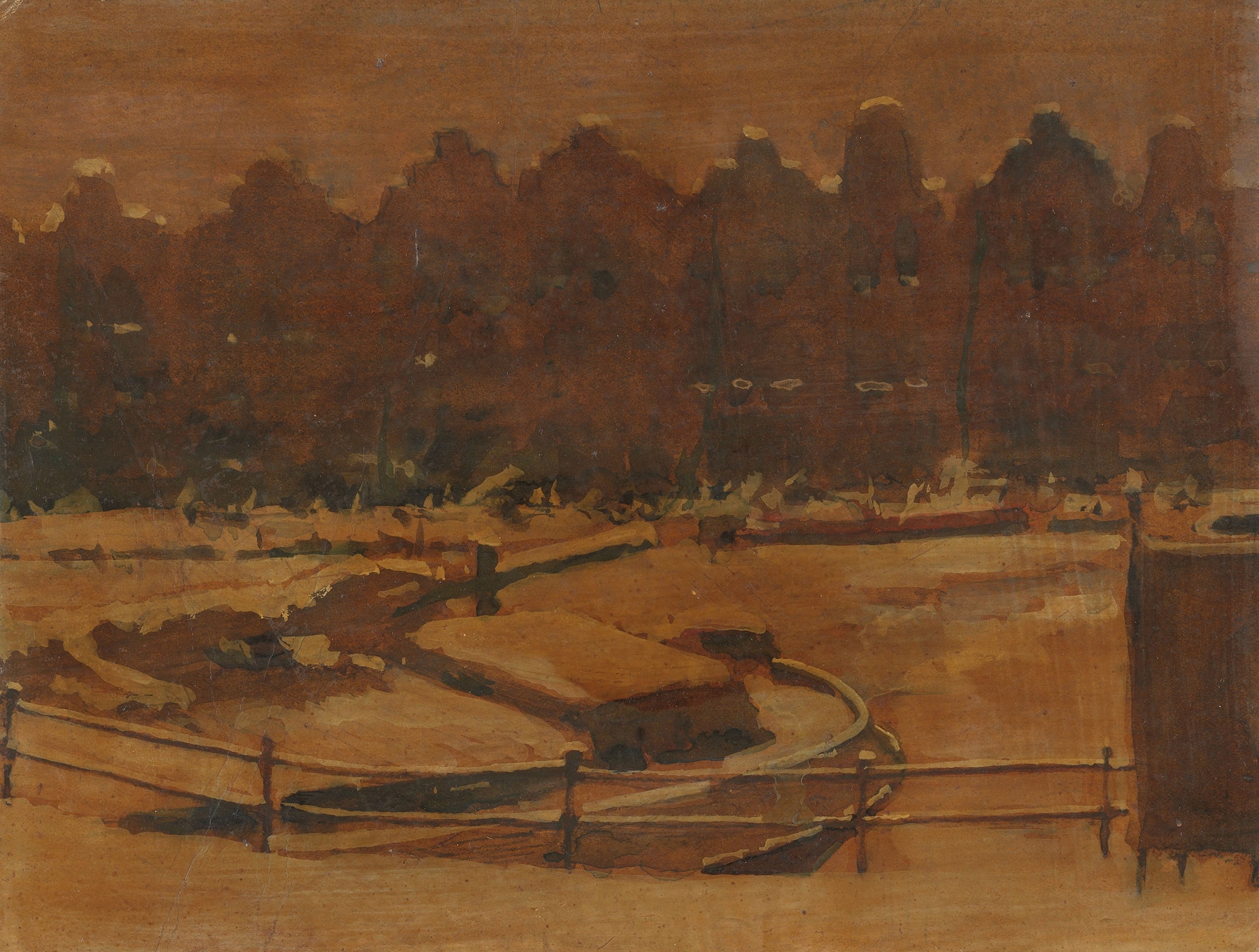 Pakhuizen aan een Amsterdamse kade in de sneeuw, by Willem Witsen, public domain