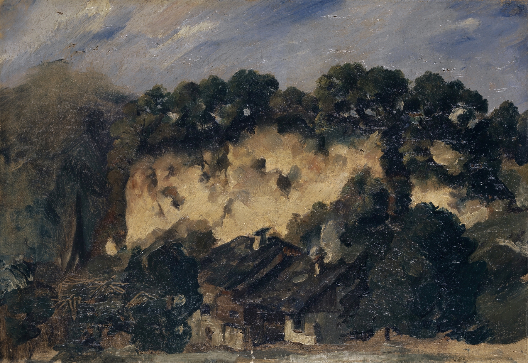 Houses by a Quarry, oil painting by Frank Buchser, featuring earthy tones and a quarry backdrop.