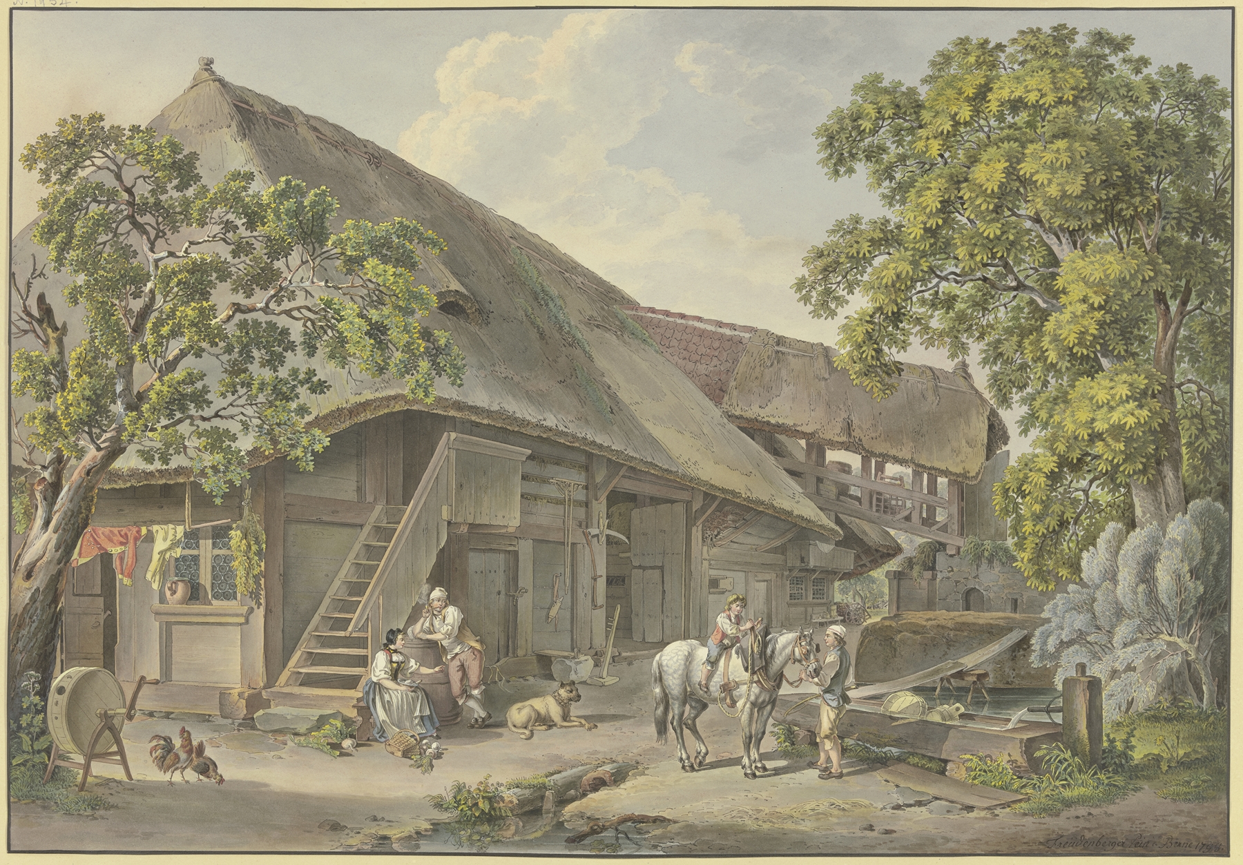 Genre scene depicting a farmer by a fountain with a child riding a horse, oil painting by Sigmund Freudenberger