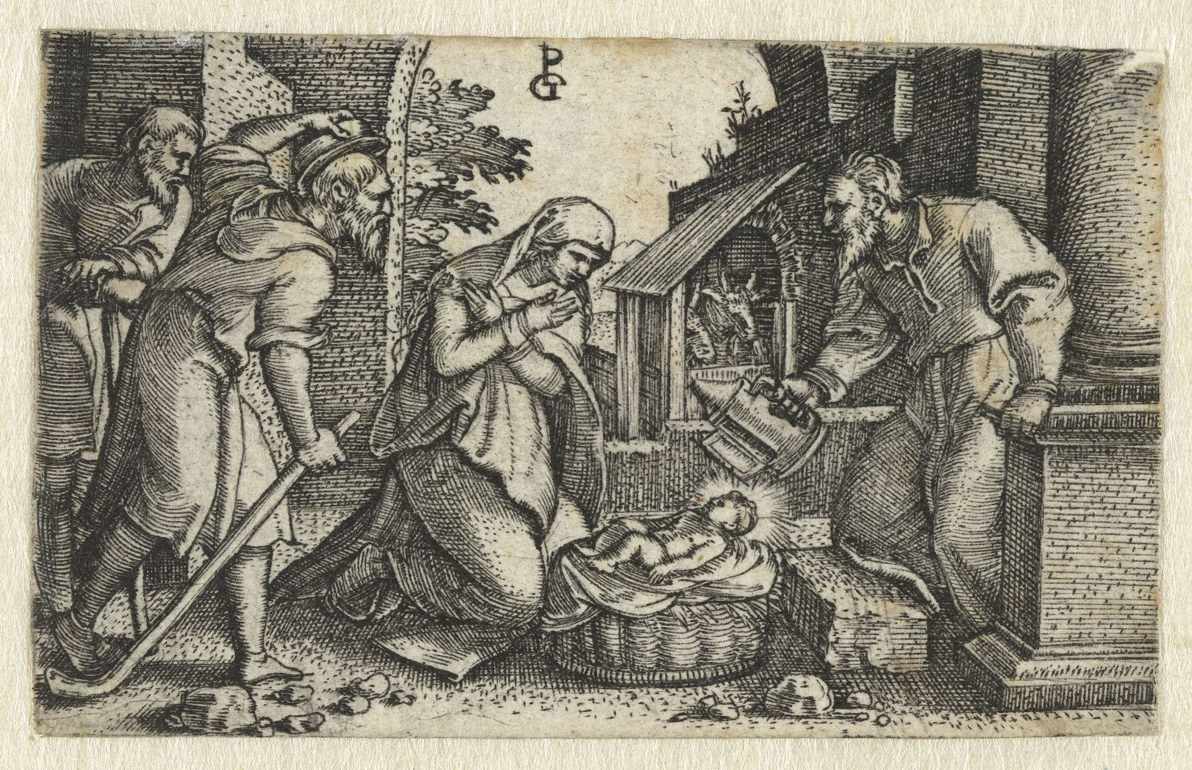 Engraving by Georg Pencz depicting the nativity scene with Mary, Christ, and shepherds.