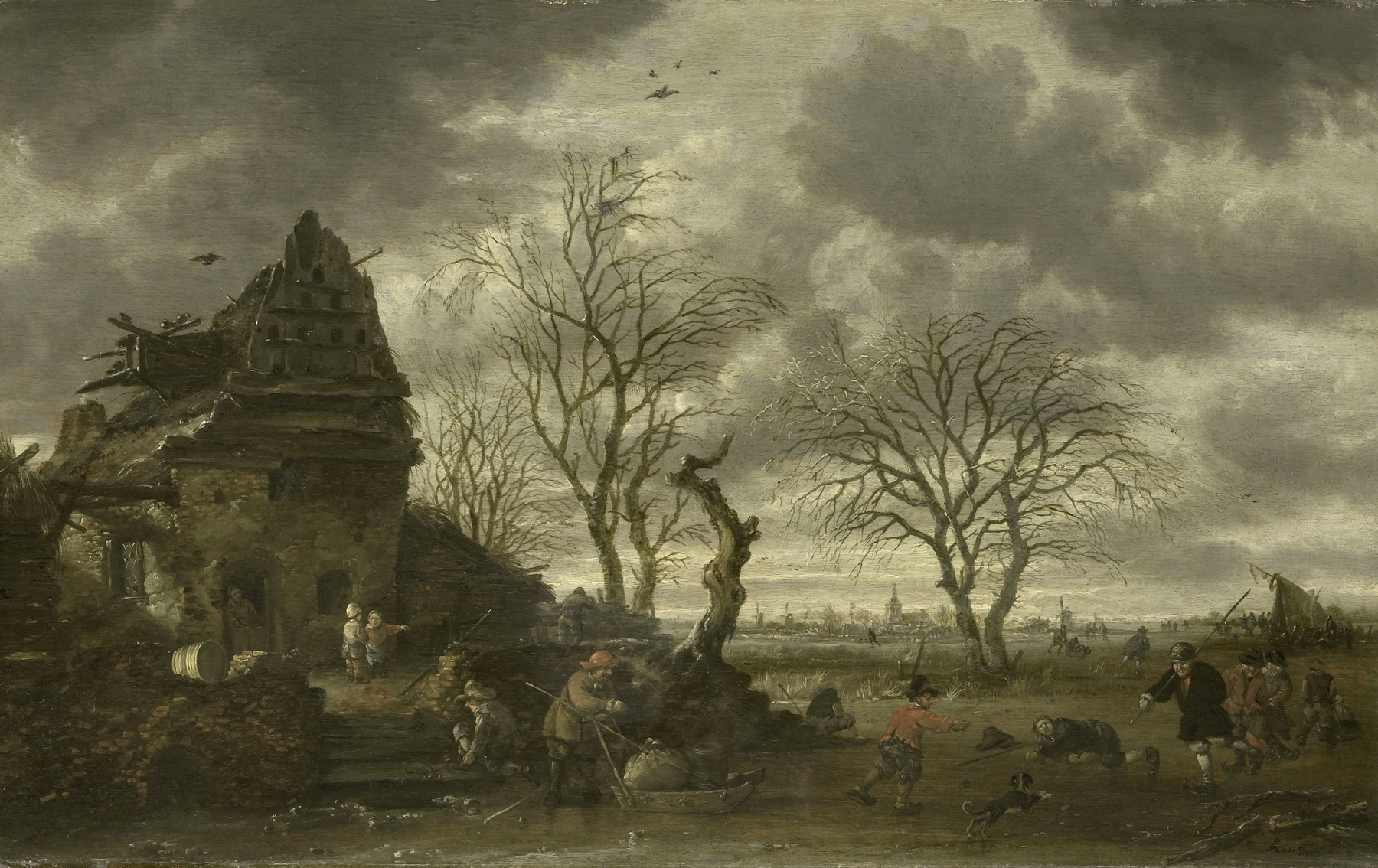 Winter scene by Salomon Rombouts, oil painting depicting a snowy landscape.