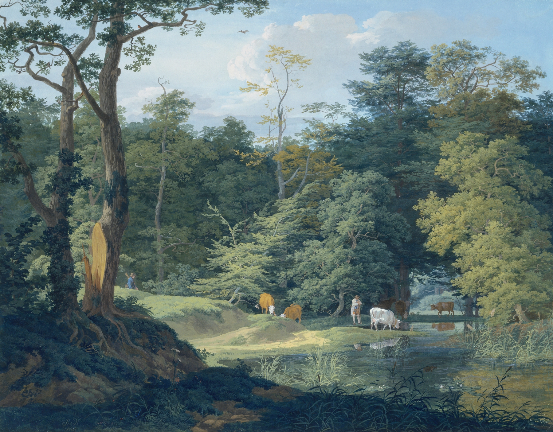 Viehtränke im Wald, links ein Jäger, by Anton Radl, public domain