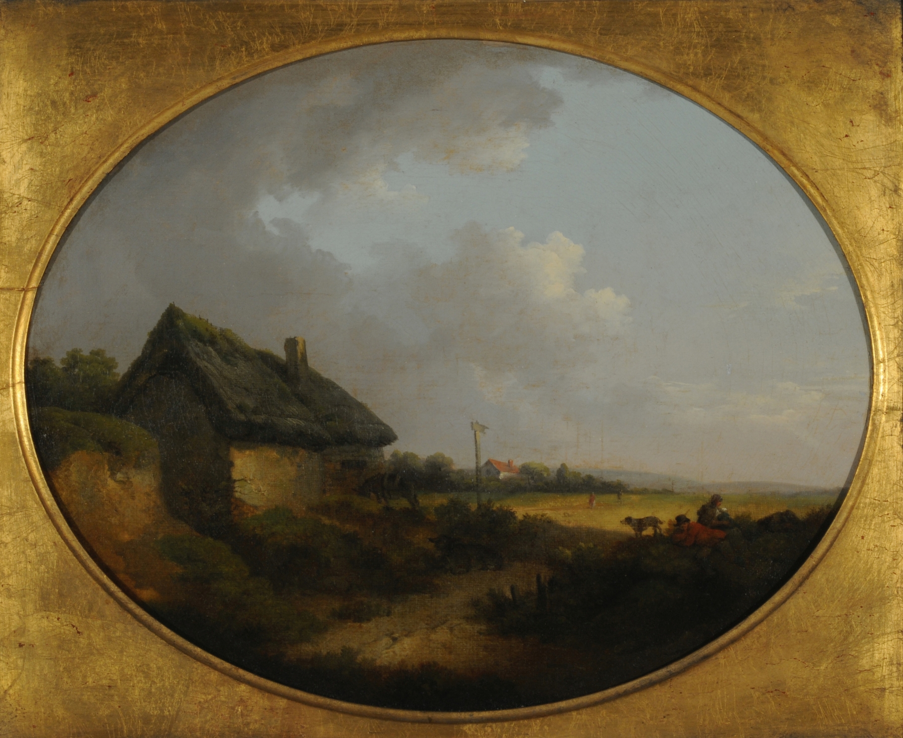 Landscape by George Morland, oil painting depicting a vast horizon and lush grass.