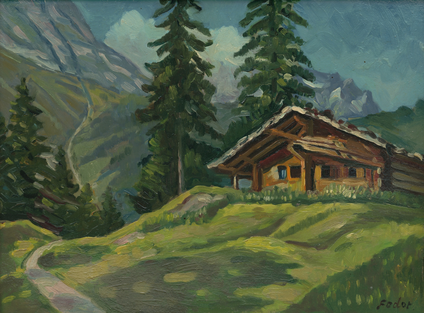 Tatranská krajina by Štefan Fodor, oil painting depicting a serene landscape.