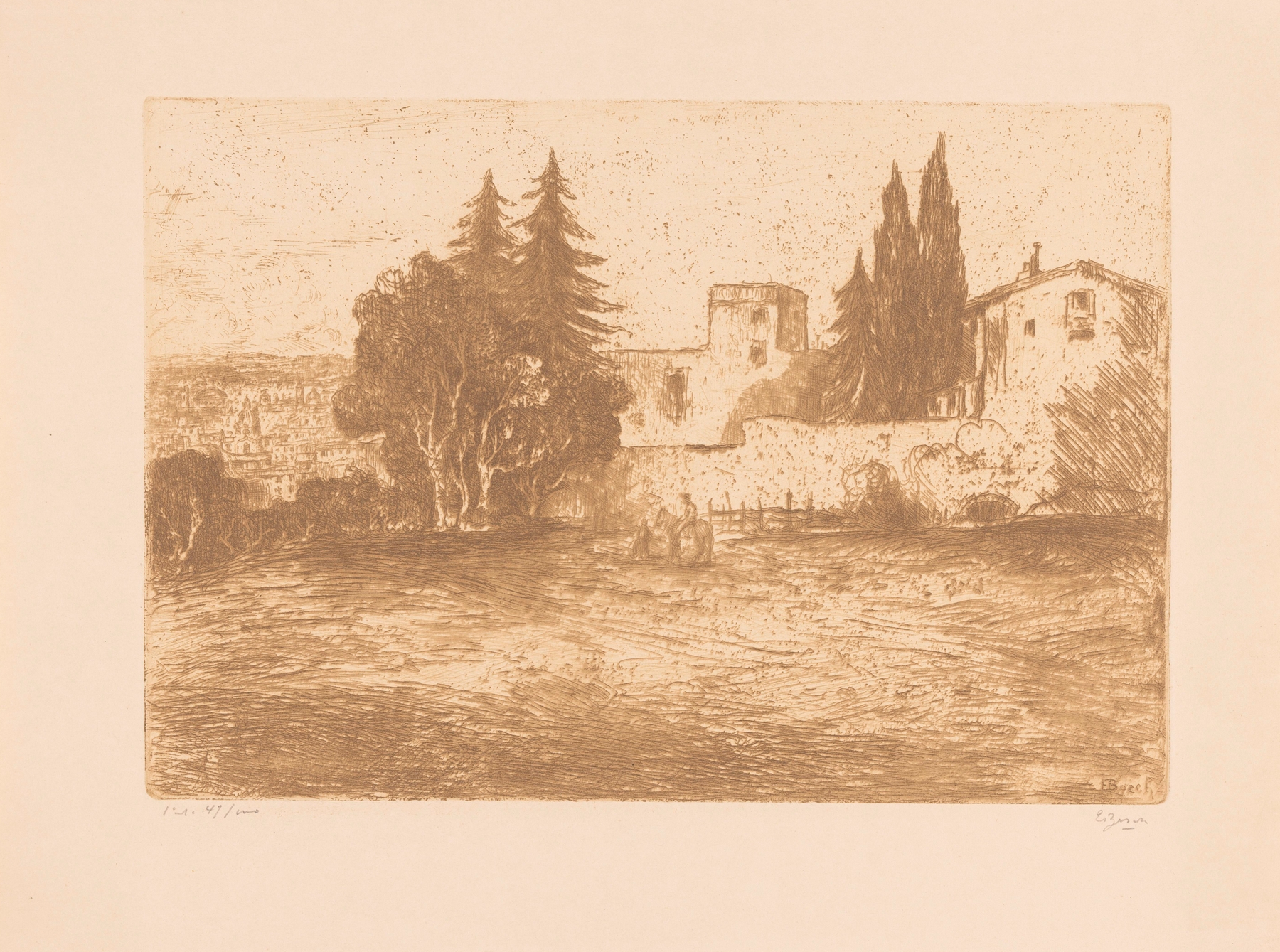 Landschap bij Rome by Etienne Bosch, oil painting depicting a rolling landscape at sunset