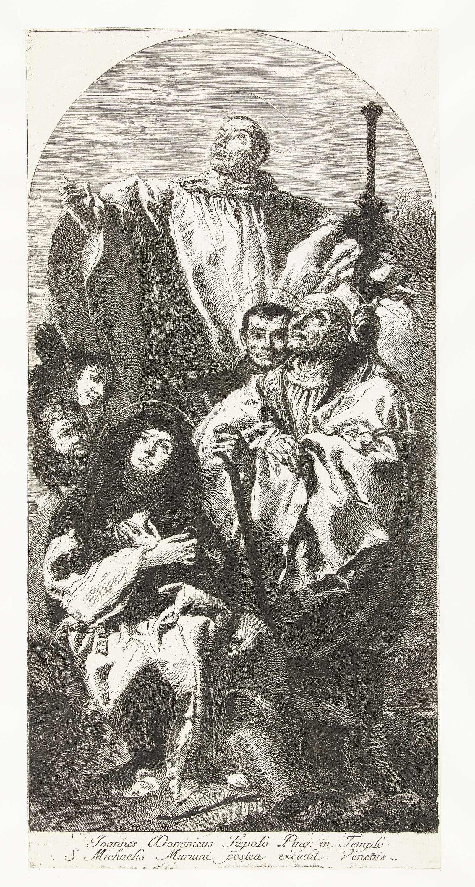 Drie mannelijke heiligen en vrouwelijke heilige van benedictijnse orde, etching by Giovanni Domenico Tiepolo