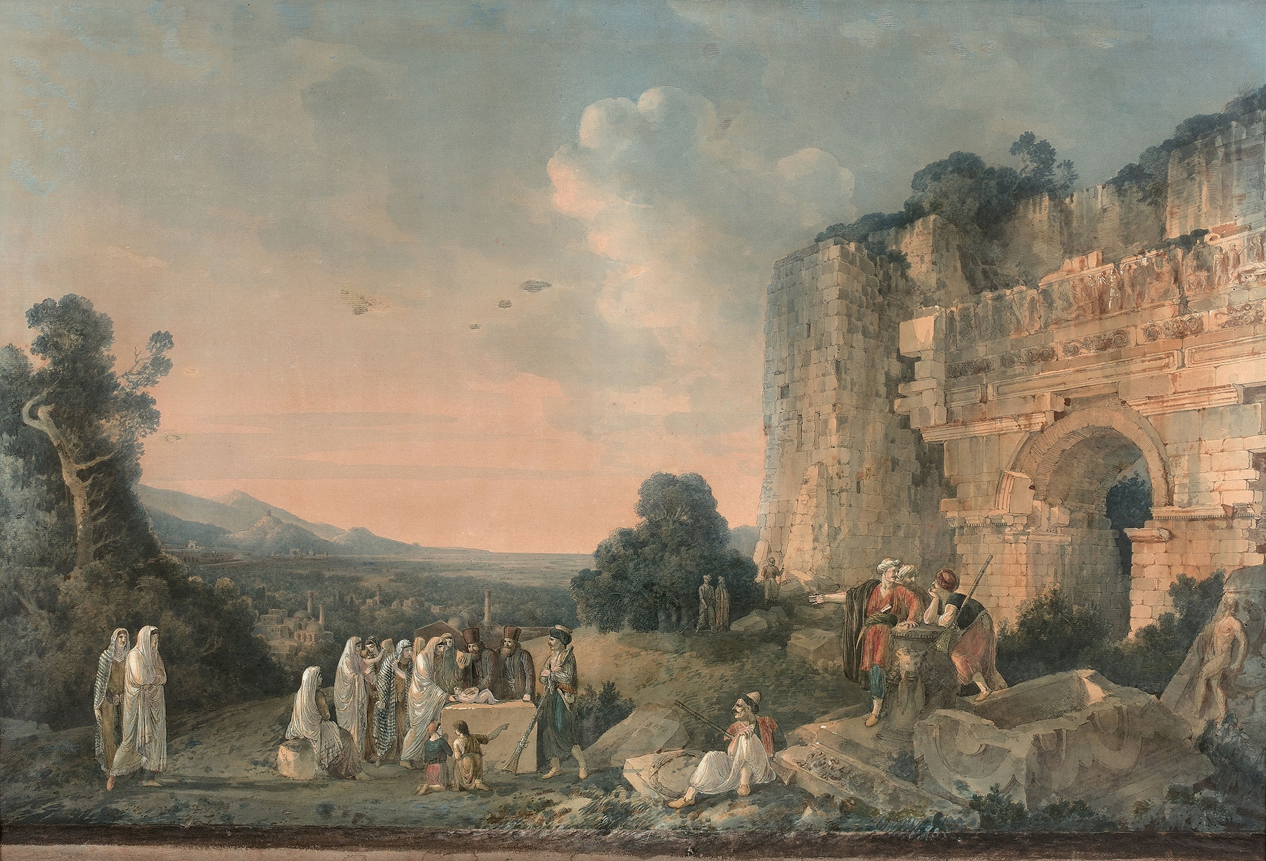 Historical scene of a Greek family before ancient ruins, oil painting by Louis-François Cassas