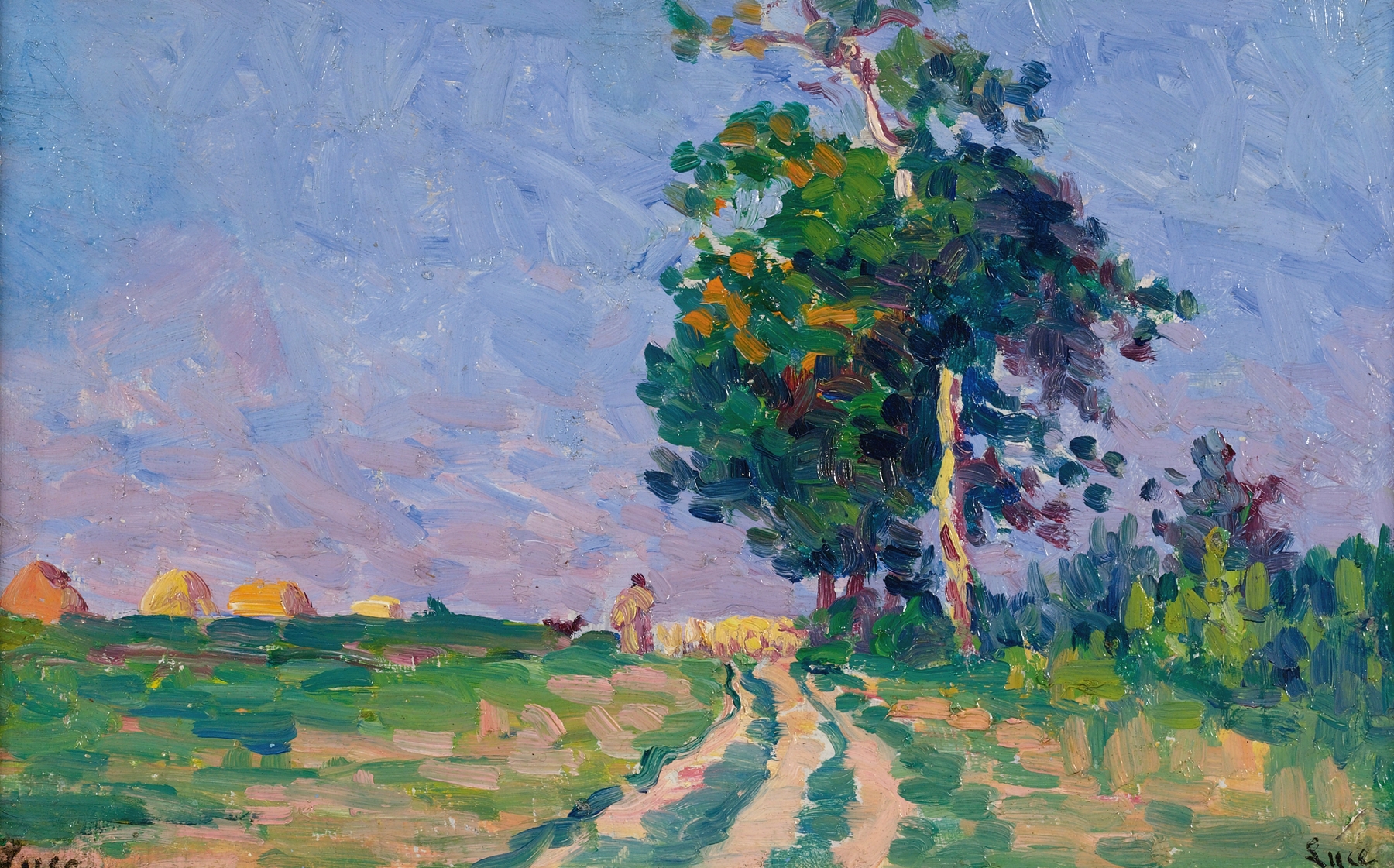 Genre scene with shepherd and sheep in dappled light by Maximilien Luce, oil painting