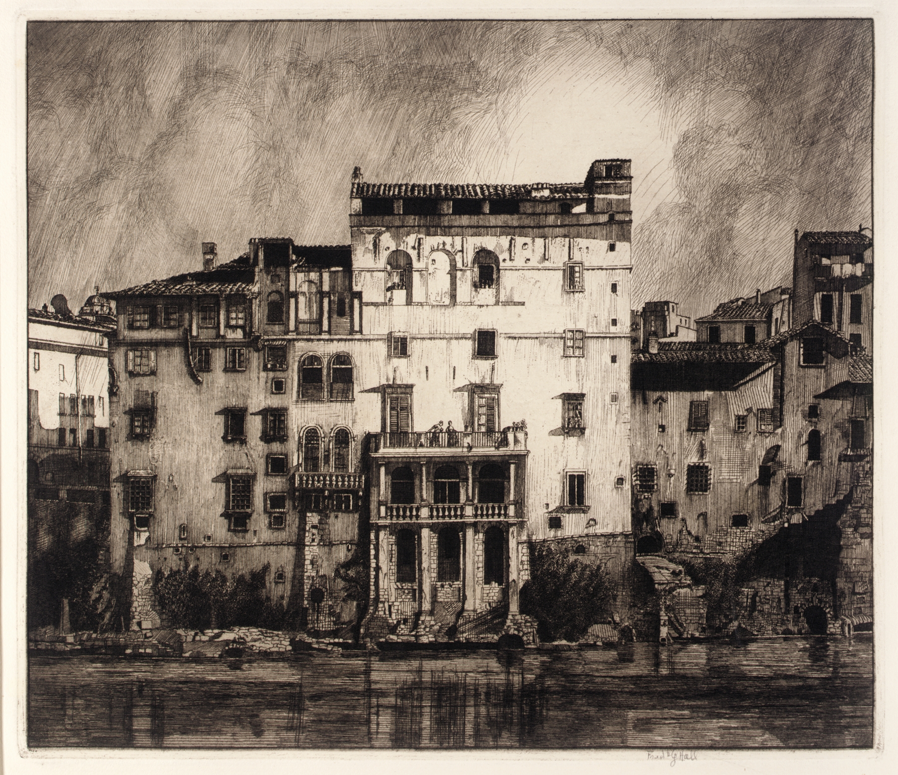 Old Houses on the Tiber by Frederick G. Hall, realism, depicting ancient architecture with warm light.