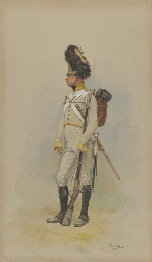 A standing soldier in a uniform poses confidently, holding a sword and wearing a plumed hat.