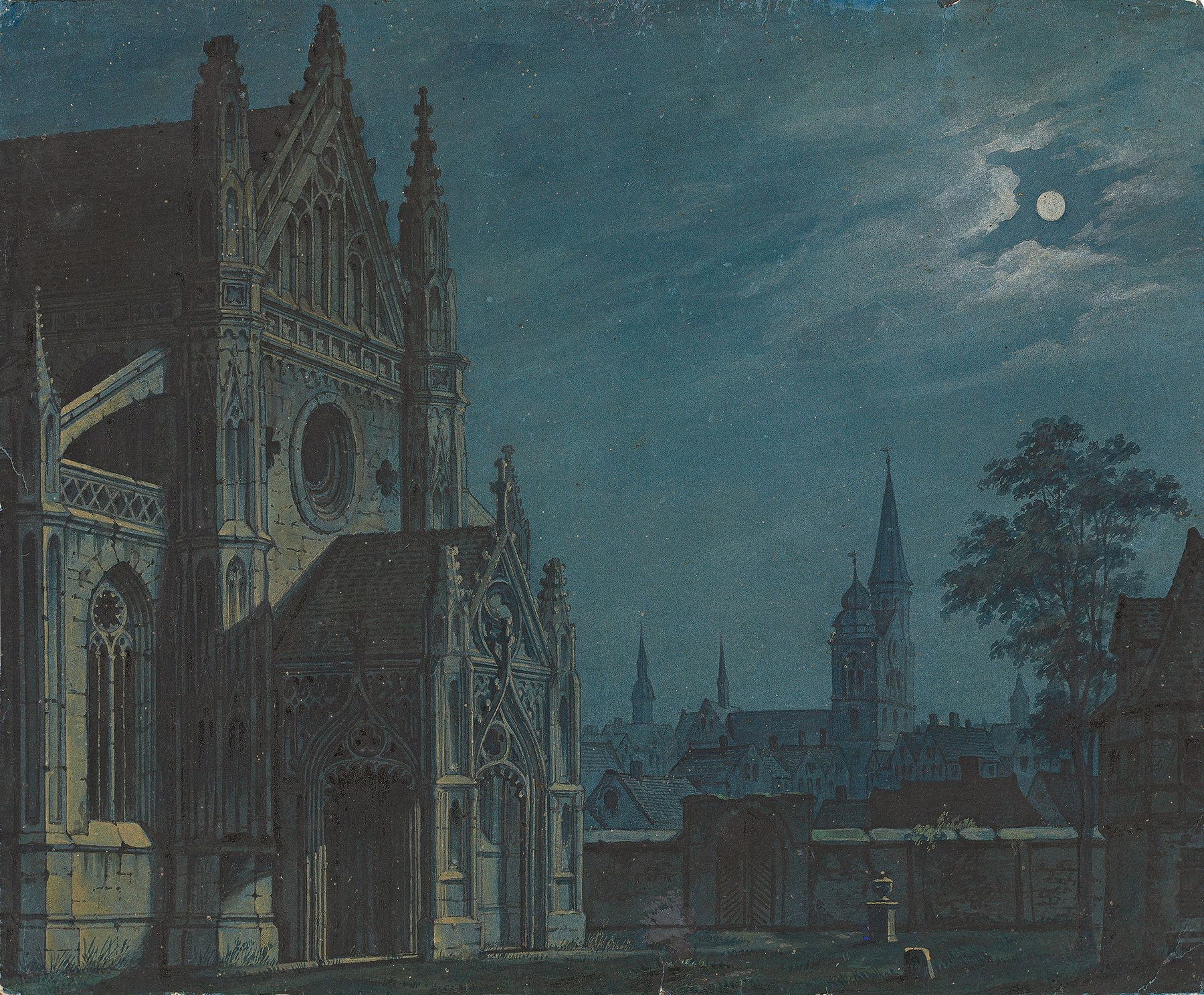Mondschein über dem Hof einer gotischen Kirche mit reichem Maßwerk, by Carl Gustav Carus, public domain