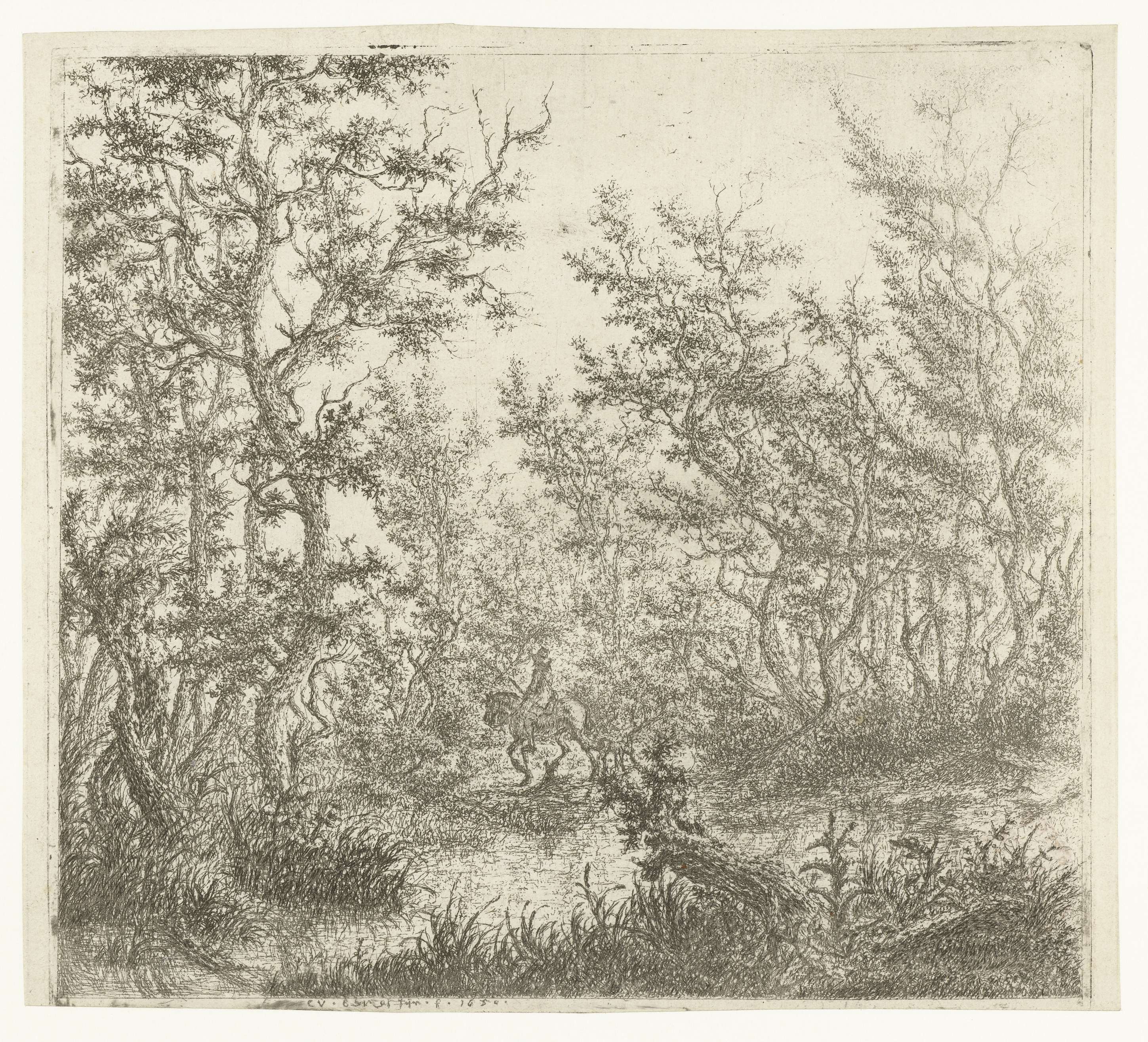 Boslandschap met een ruiter, etching by Claes van Beresteyn depicting a rider in a forest