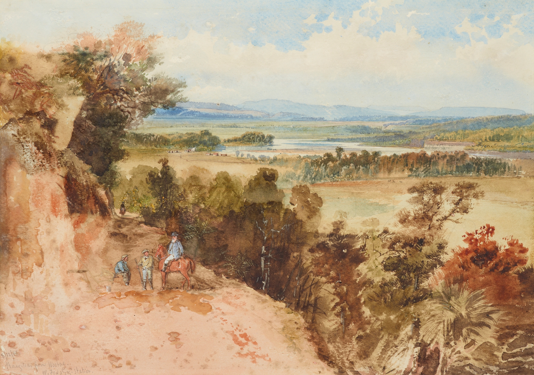 Oil painting by Nicholas Chevalier depicting rolling hills and a river.