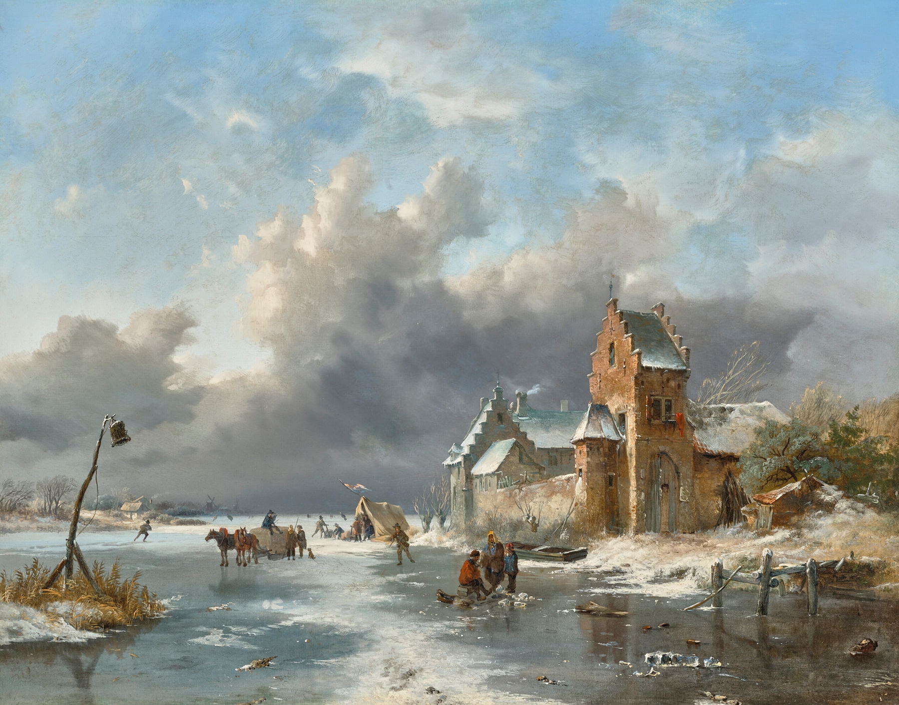 Winter landscape with figures on a frozen river by Frederik Marinus Kruseman, oil painting