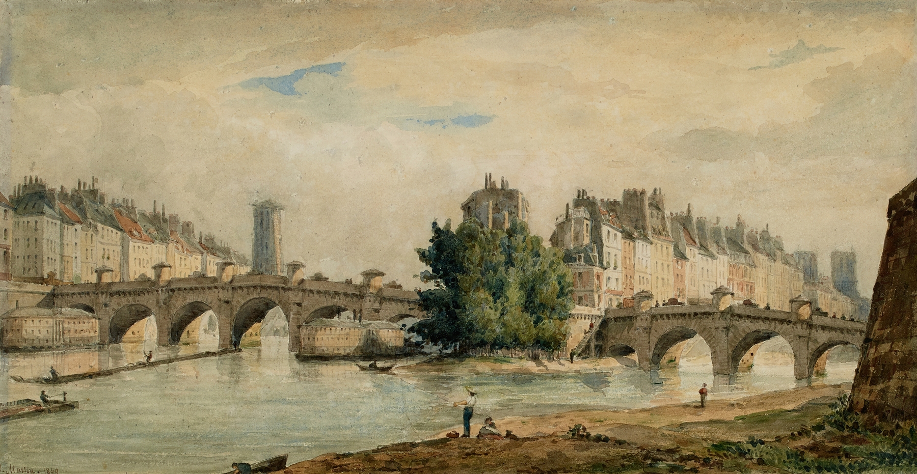 Le Pont-Neuf by Louis-Martial-Théodat Masson, oil on canvas depicting a twilight landscape with figures and lampposts.