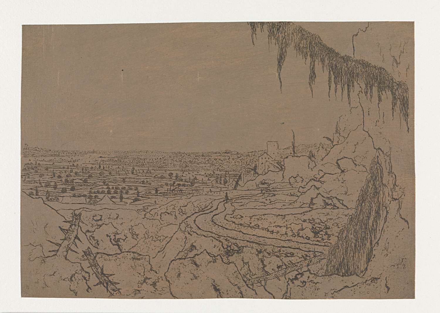 Distant View with a Road and Mossy Branches, by Hercules Segers, public domain