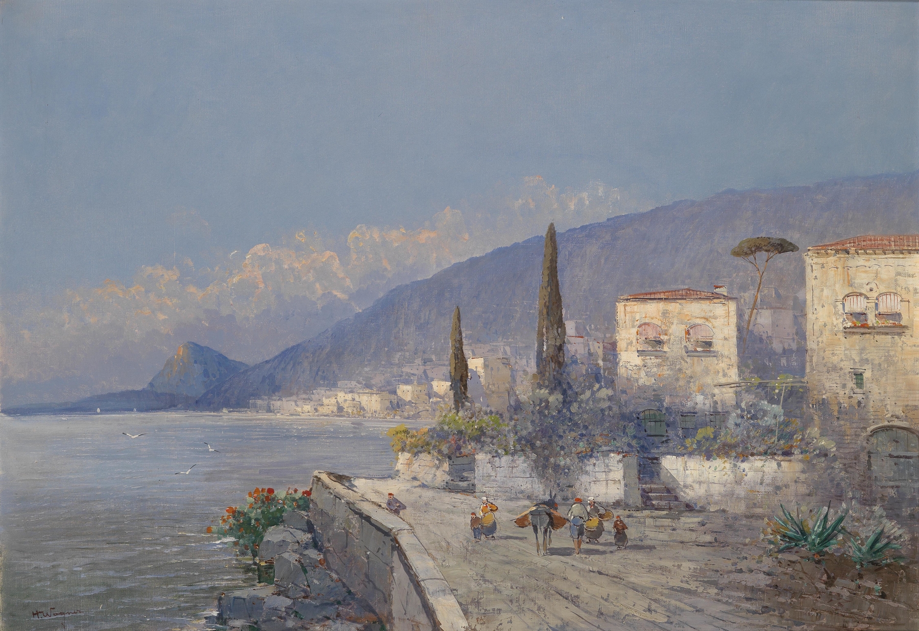 Marine scene of cliffs and sea in vibrant blues and greens by Georg Fischhof, oil on canvas