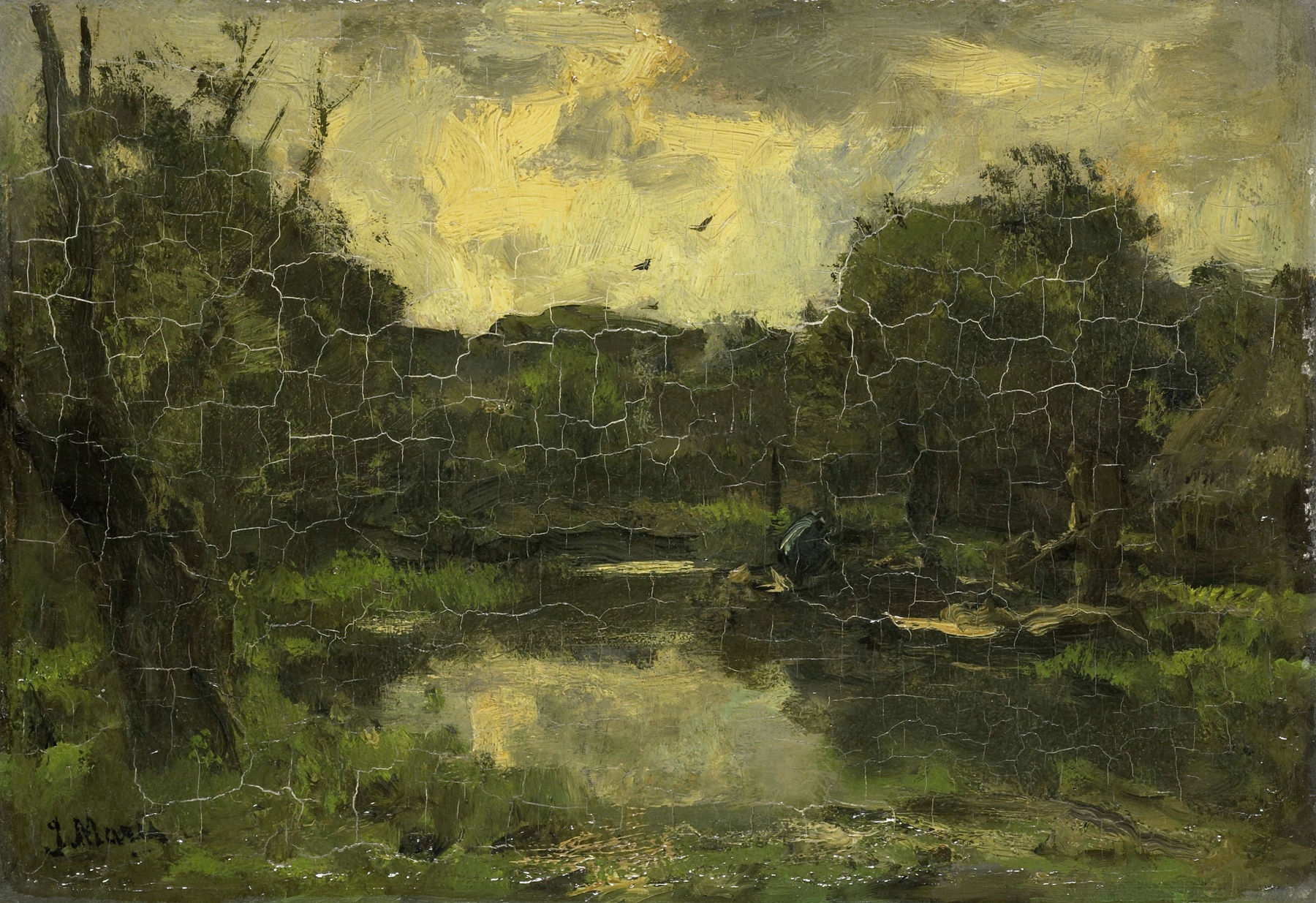 Landschap met schuit by Jacob Maris, Impressionism, depicting hills, water, and a tranquil sky.