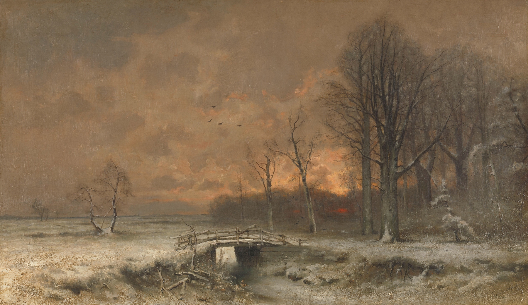 Winter landscape with sunset and trees by Louis Apol, oil painting