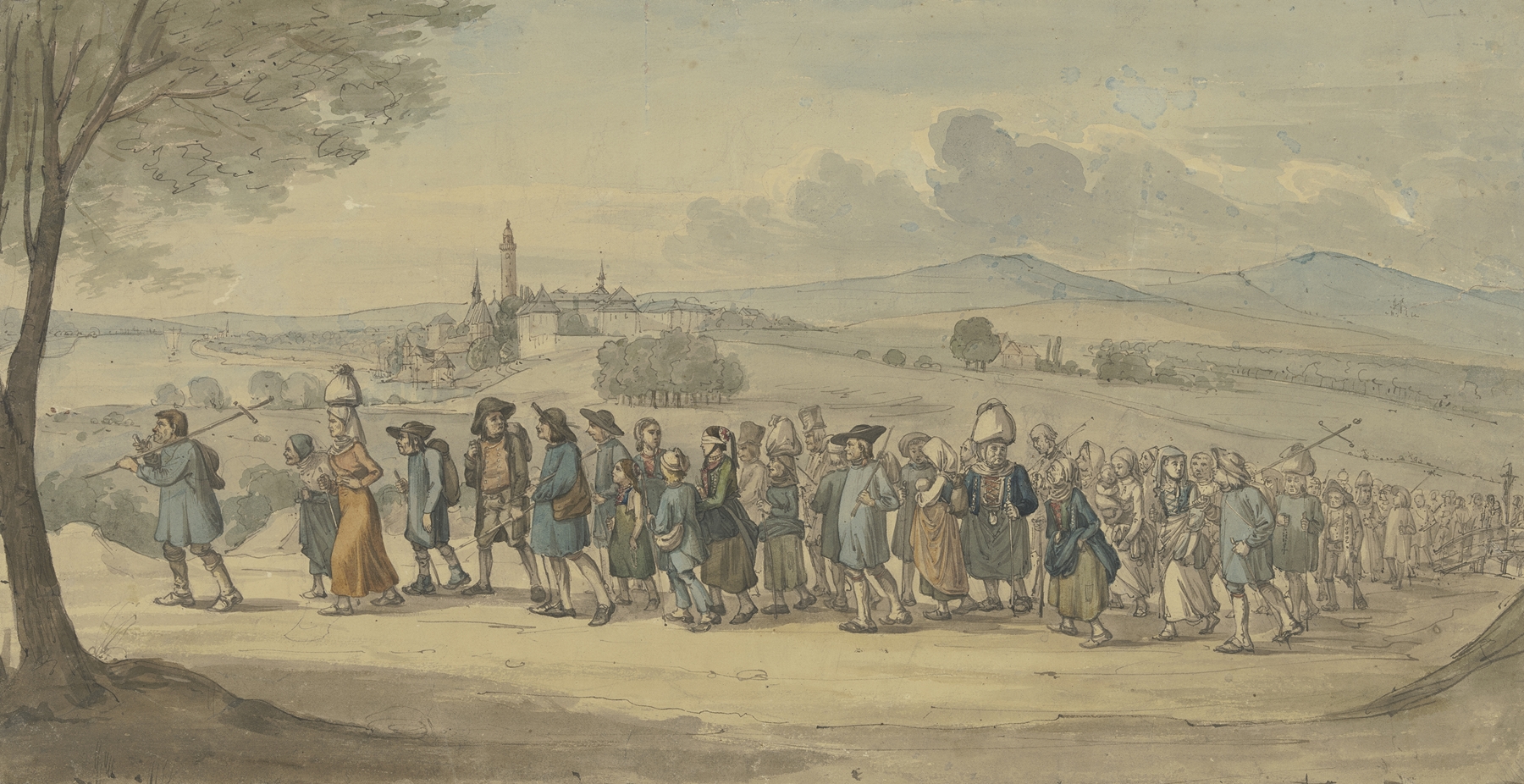 Pilgrims walking past a village near a river, oil painting by Jakob Fürchtegott Dielmann