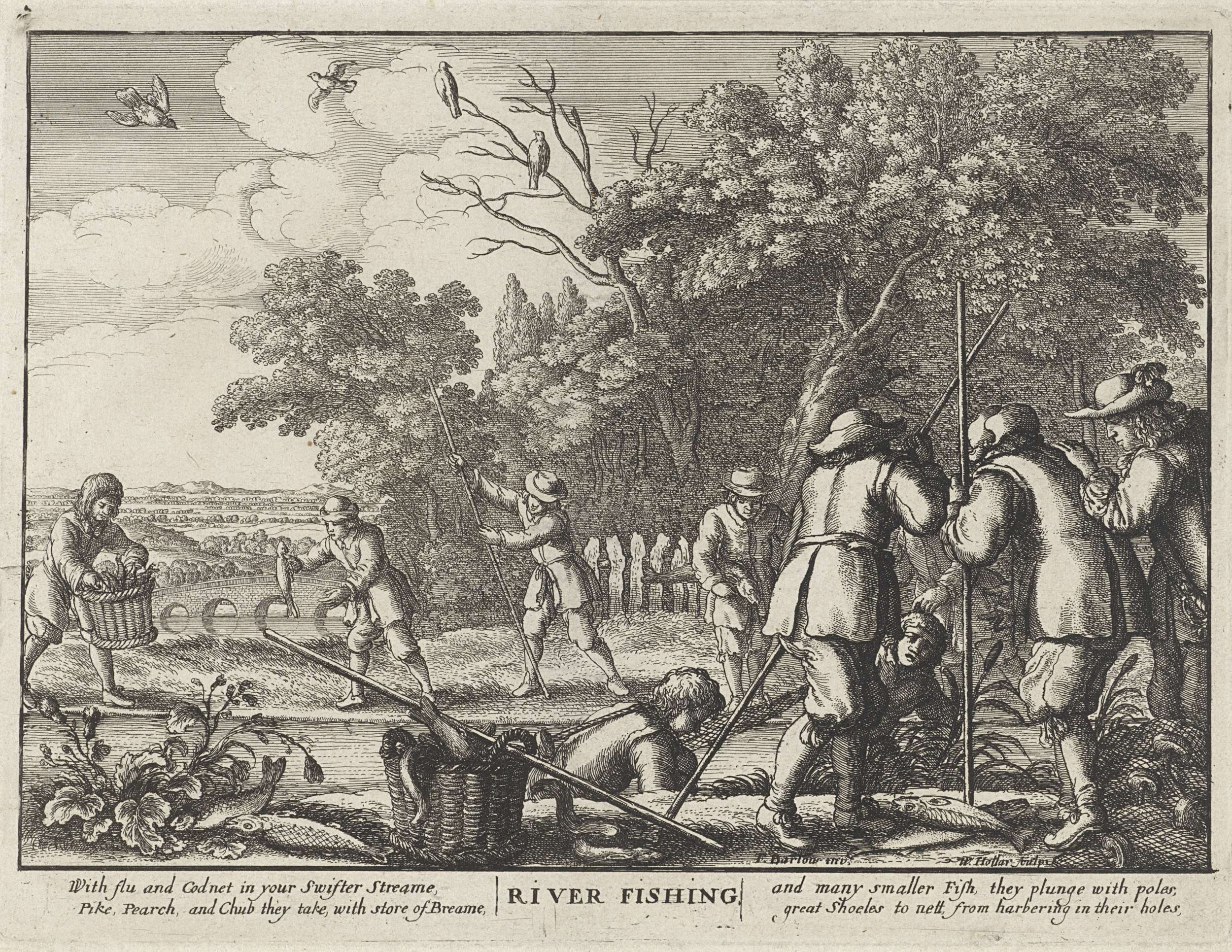 Riviervisserij etching by Wenceslaus Hollar depicting a serene river landscape