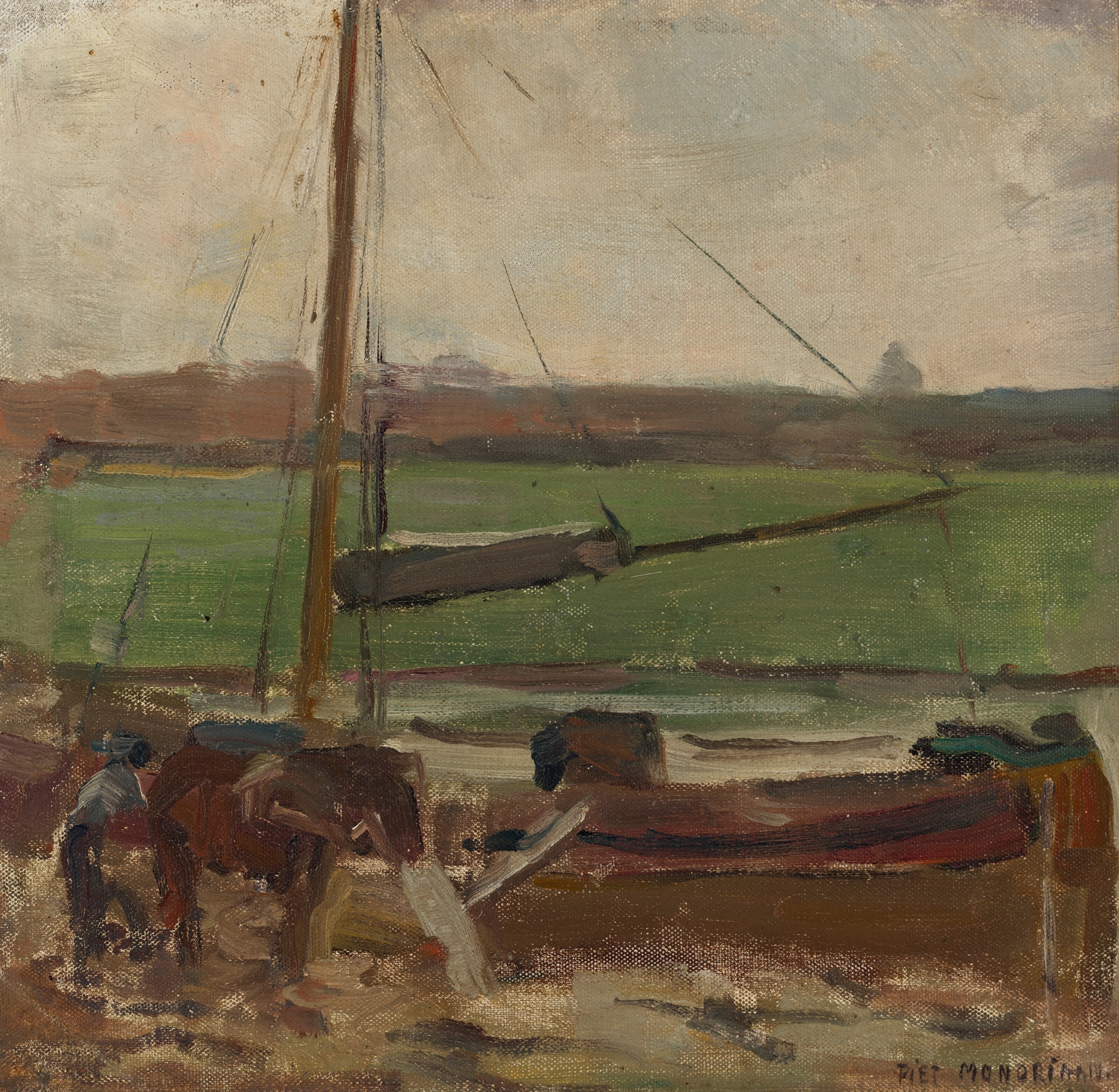 Polder met gemeerde vrachtschuit buiten Amsterdam II, by Piet Mondrian, public domain
